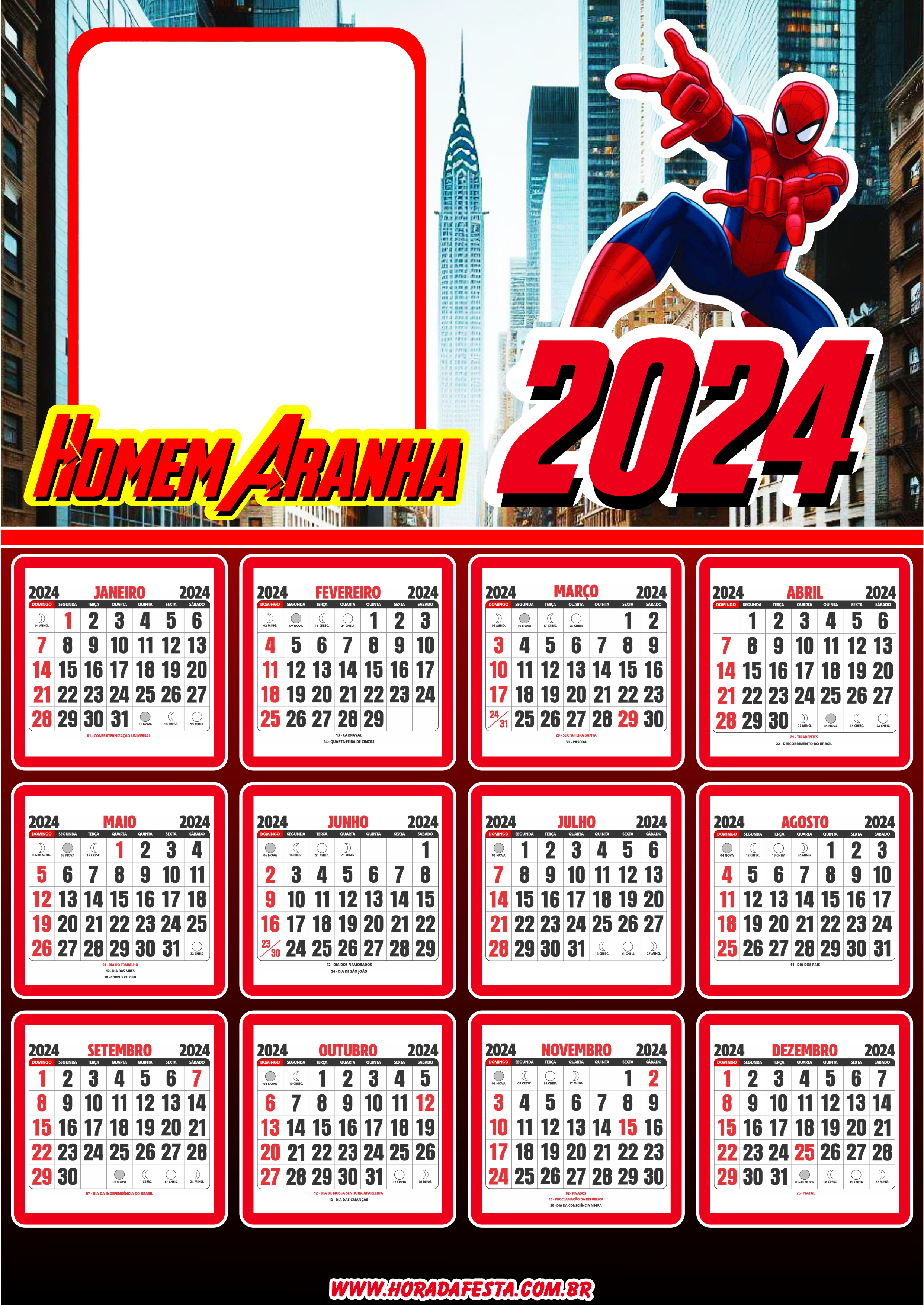 Moldura Calendário 2024 Marvel Homem Aranha pronto para editar e imprimir PNG 