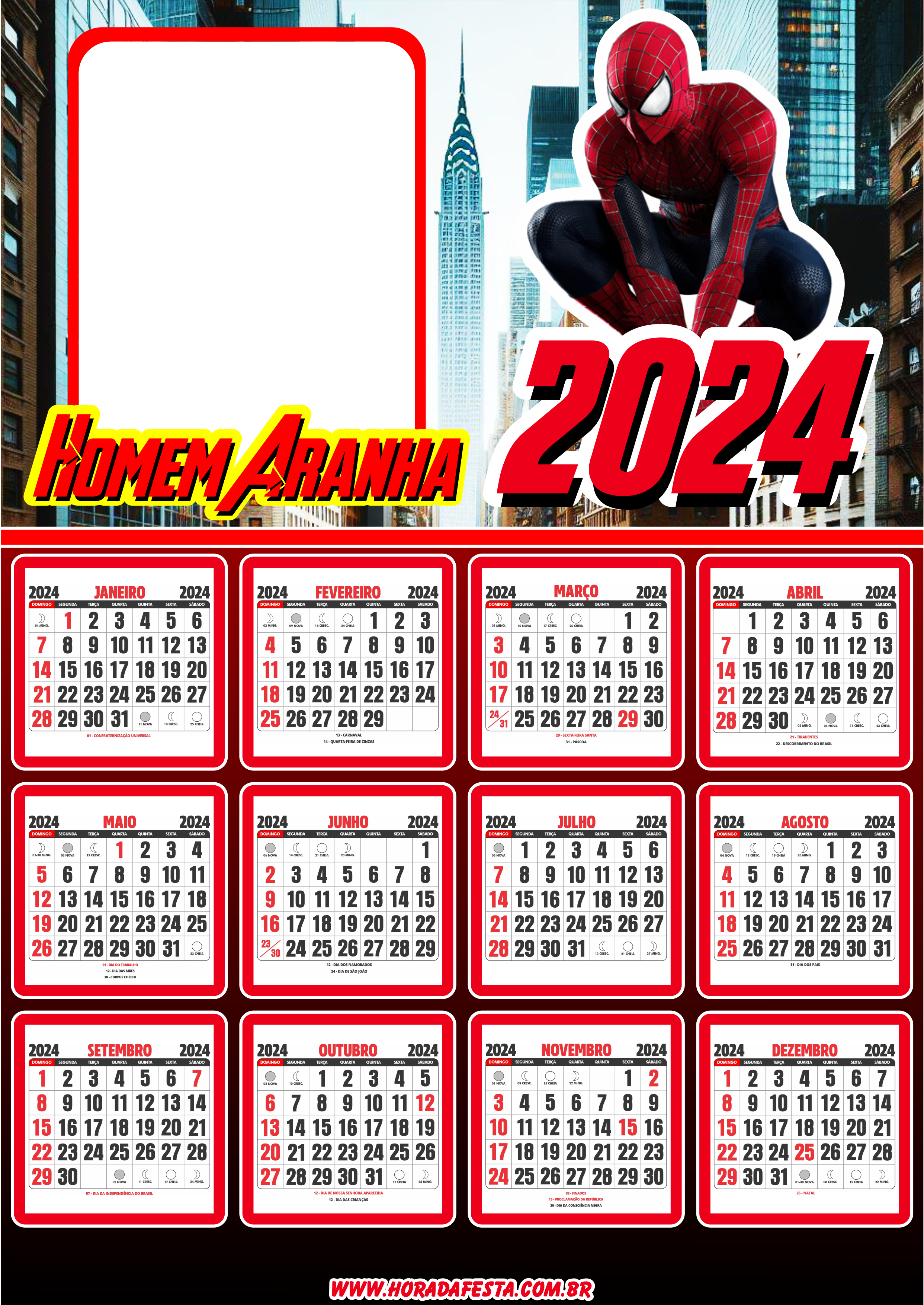 Moldura Calendário 2024 Marvel Homem Aranha pronto para editar e imprimir lembrancinha PNG 