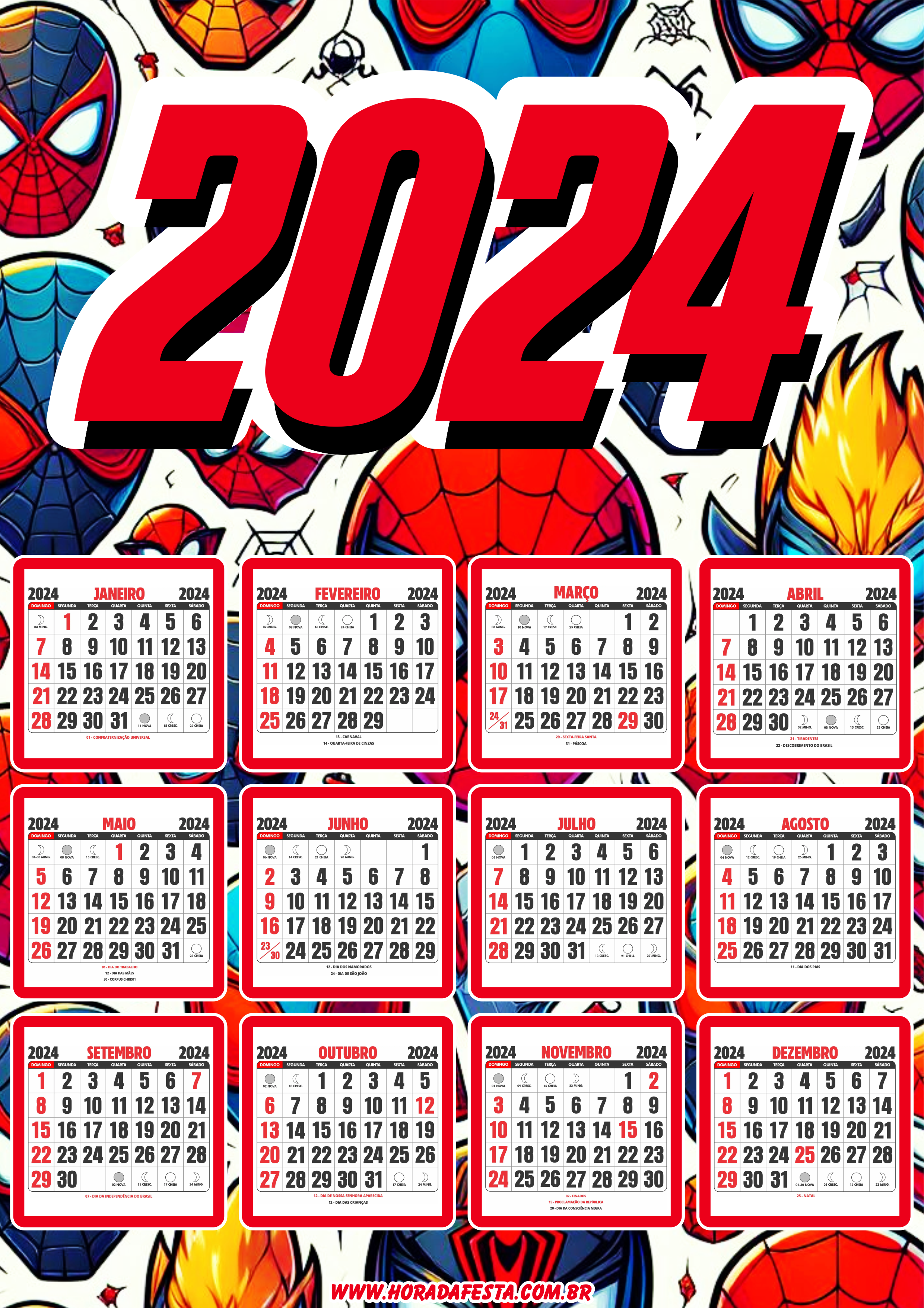 Calendário 2024 personalizado homem aranha spider man artigos de papelaria png