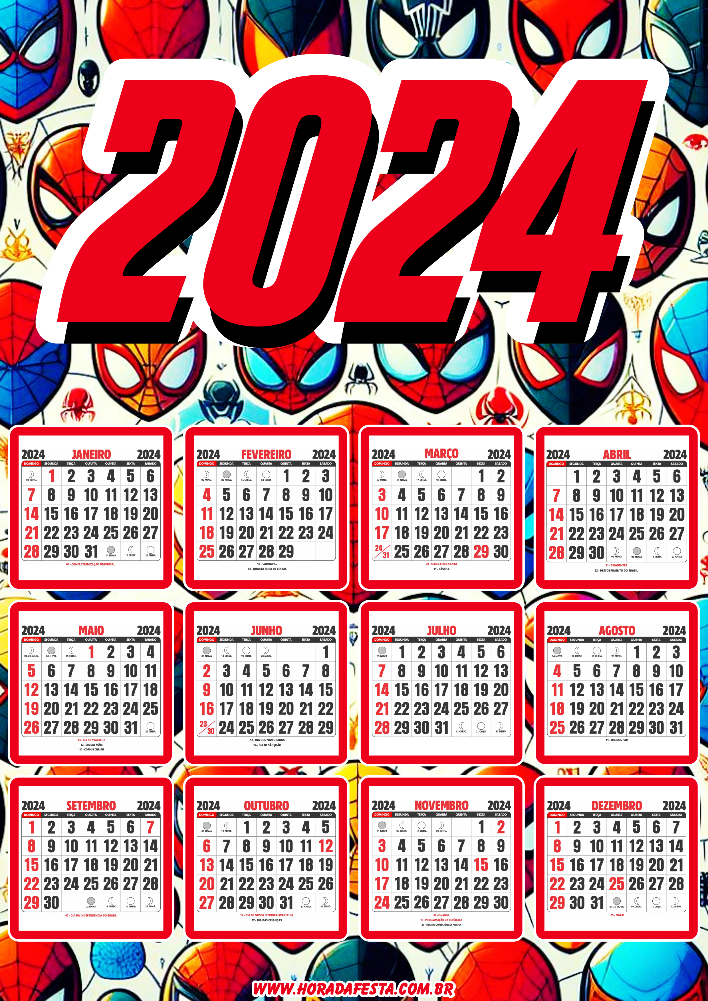 Calendário 2024 personalizado homem aranha spider man artigos de papelaria para festa infantil png