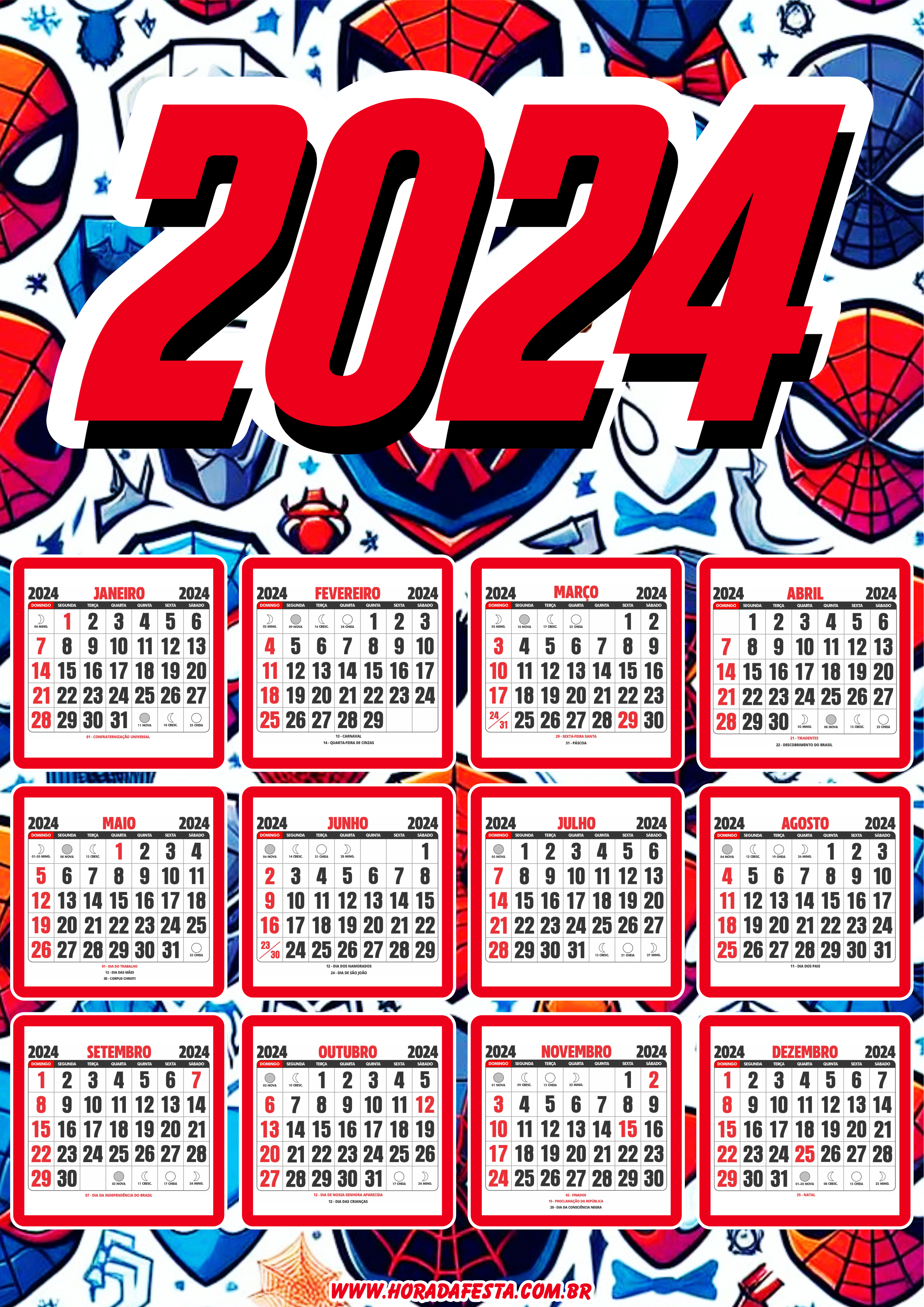 Calendário 2024 personalizado homem aranha spider man artigos de papelaria para festa infantil pronto para imprimir png