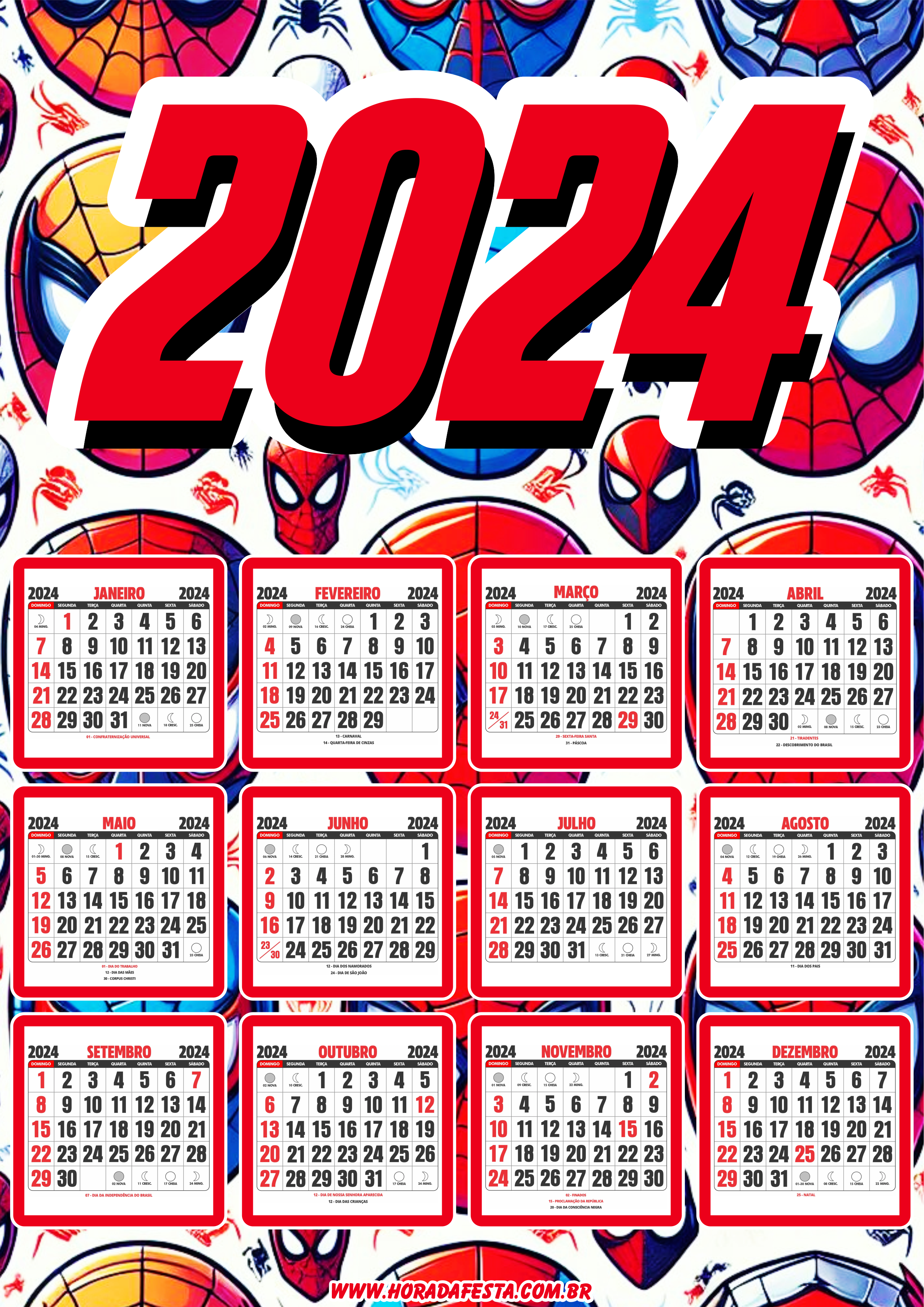 Calendário 2024 personalizado homem aranha spider man artigos de papelaria para festa infantil pronto para imprimir grátis png