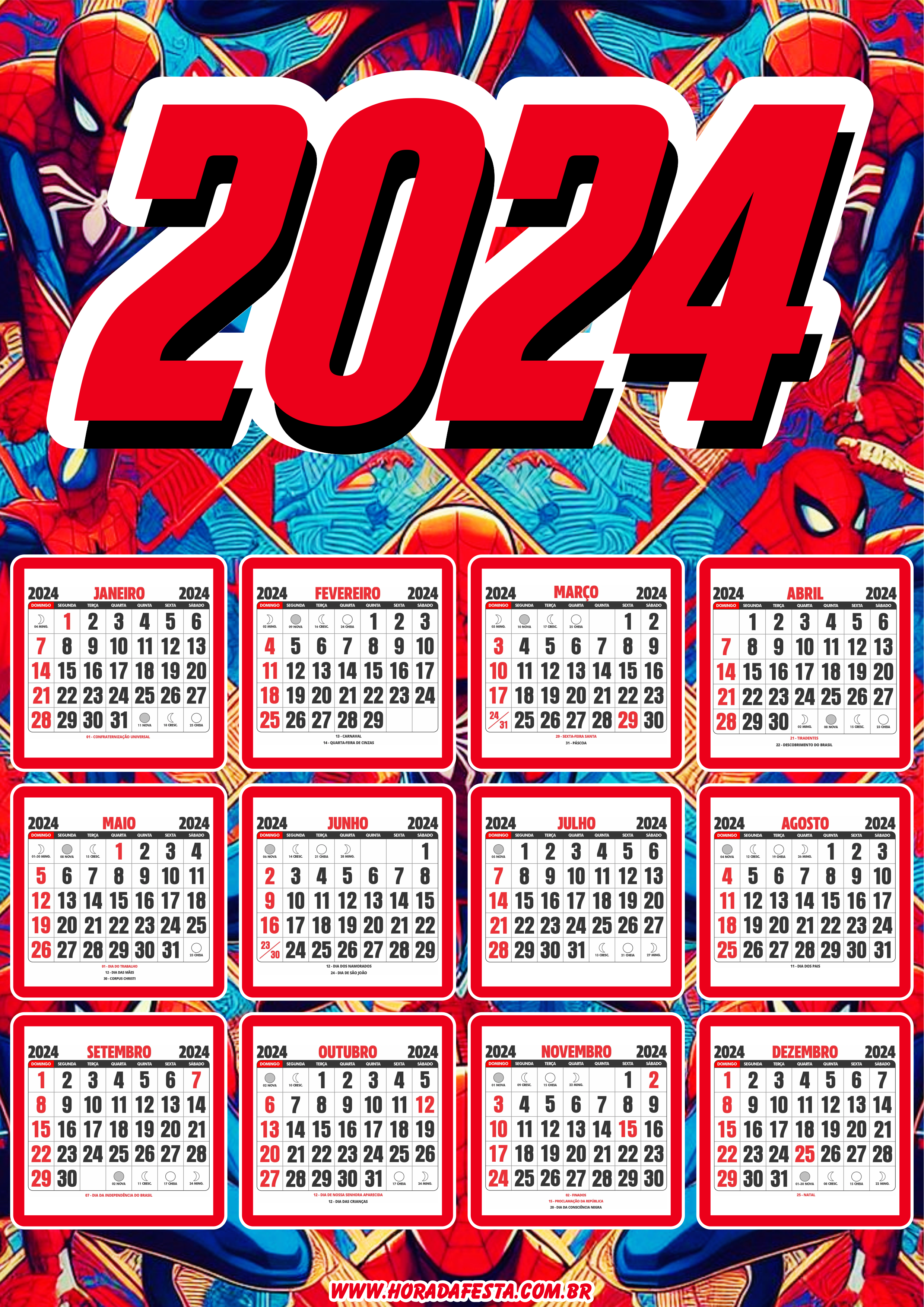 Calendário 2024 personalizado Marvel Super Herói Homem Aranha png