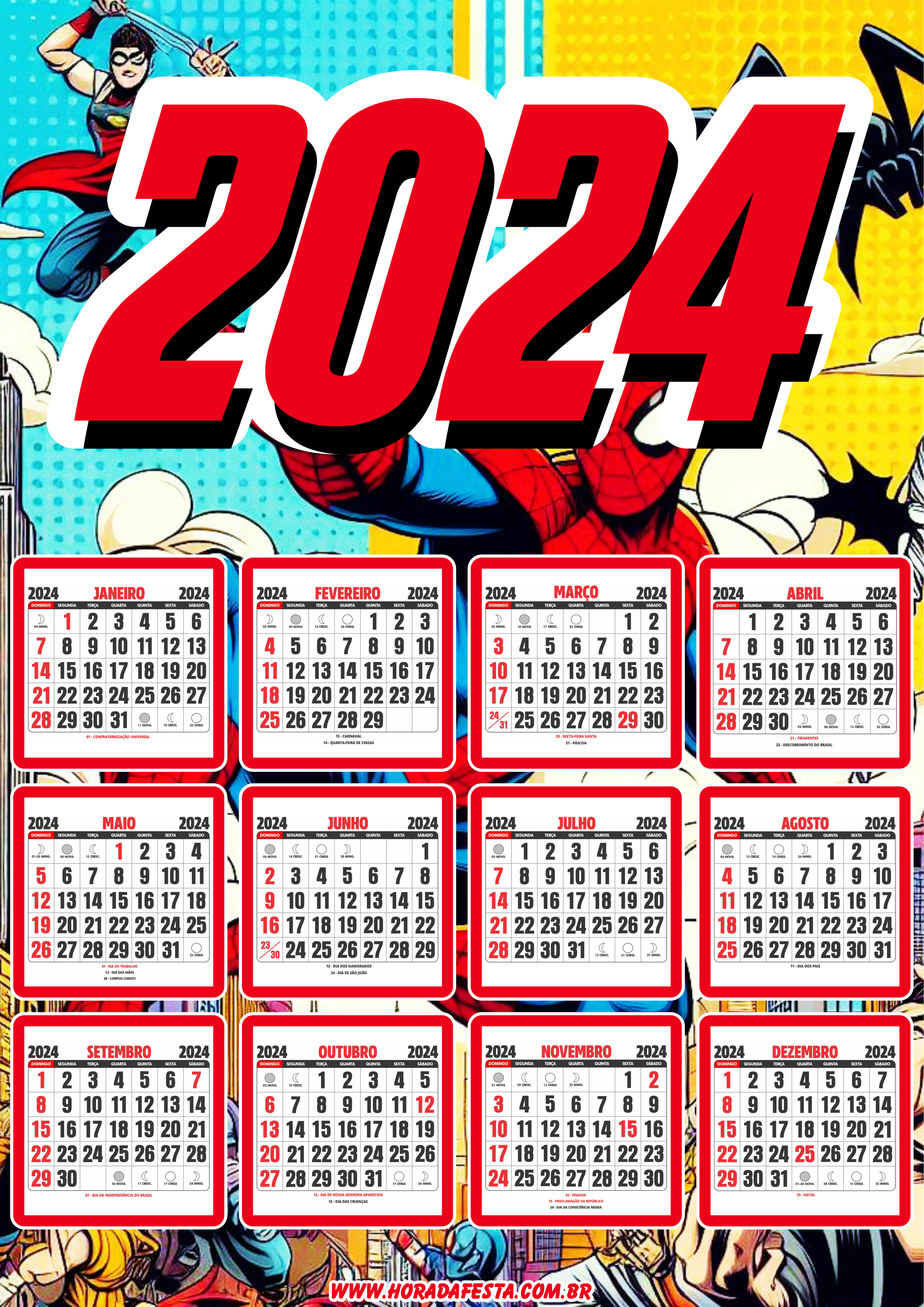 Calendário 2024 personalizado Marvel Super Herói Homem Aranha artes gráficas png