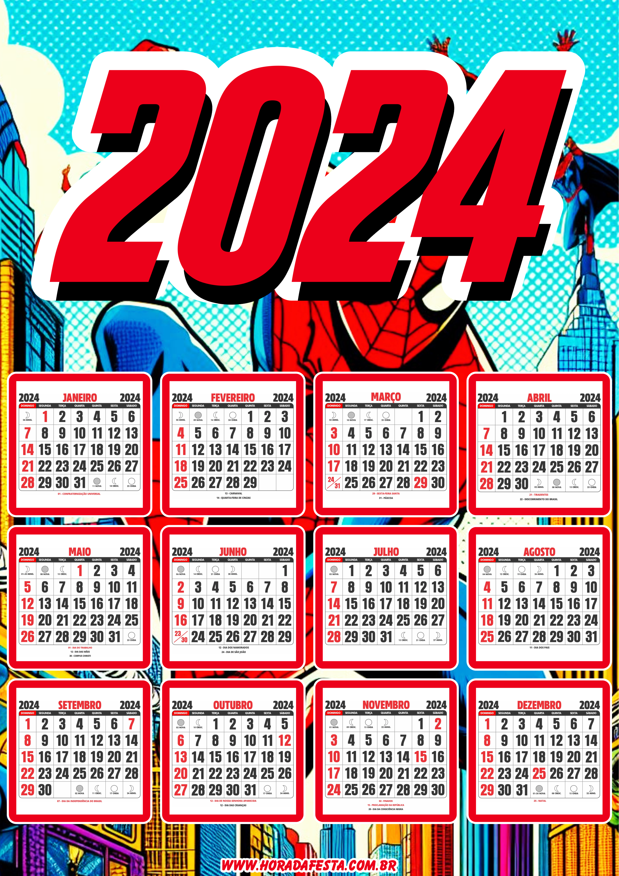 Calendário 2024 personalizado Marvel Super Herói Homem Aranha artes gráficas design png