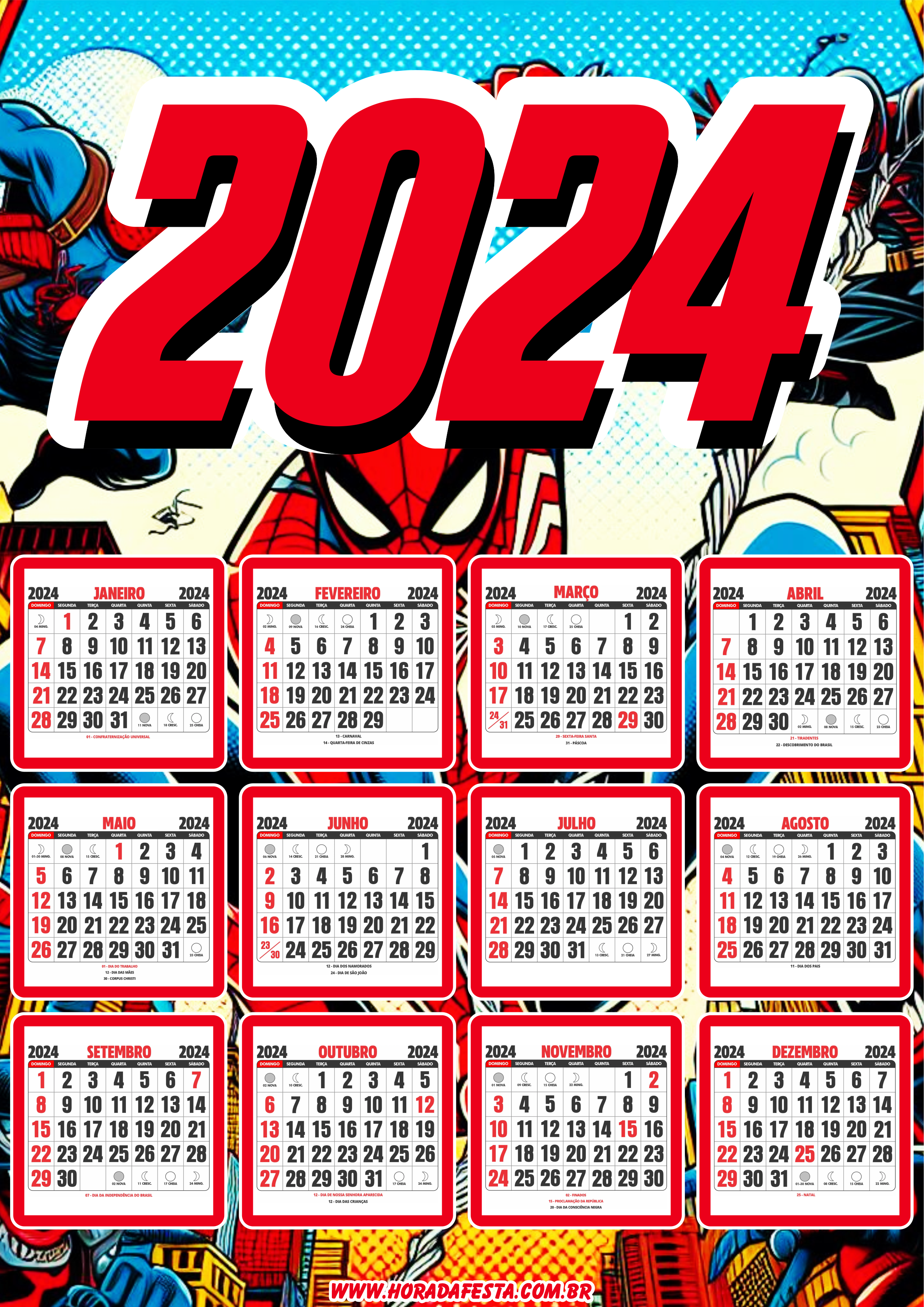 Calendário 2024 personalizado Marvel Super Herói Homem Aranha artes gráficas design artigos para festa png