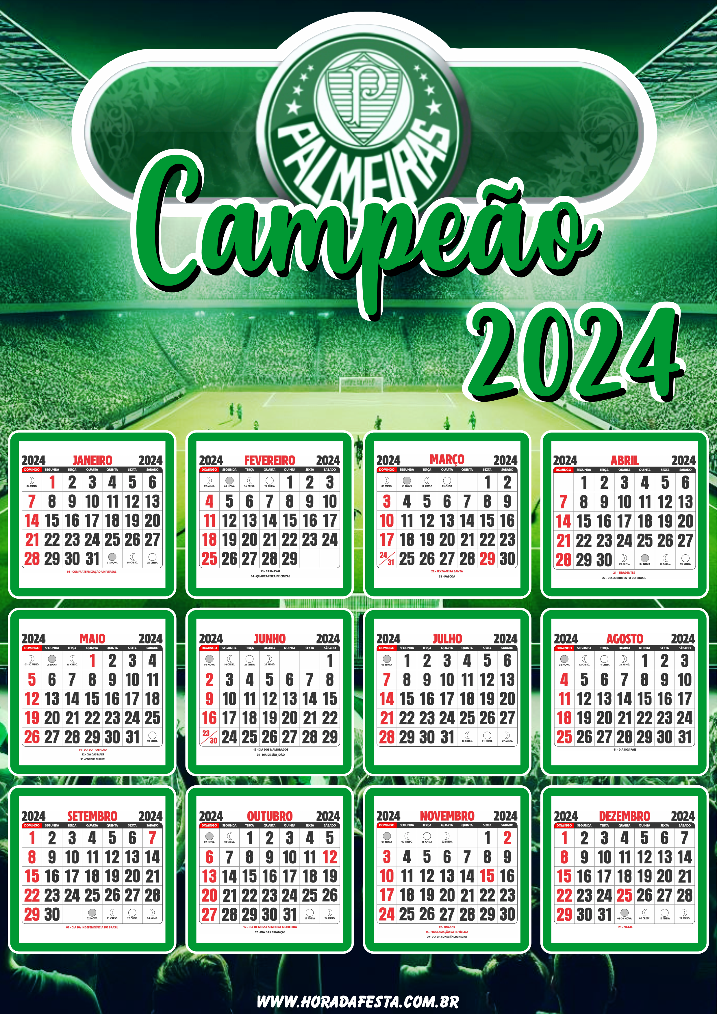 Calendário 2024 personalizado Palmeiras png