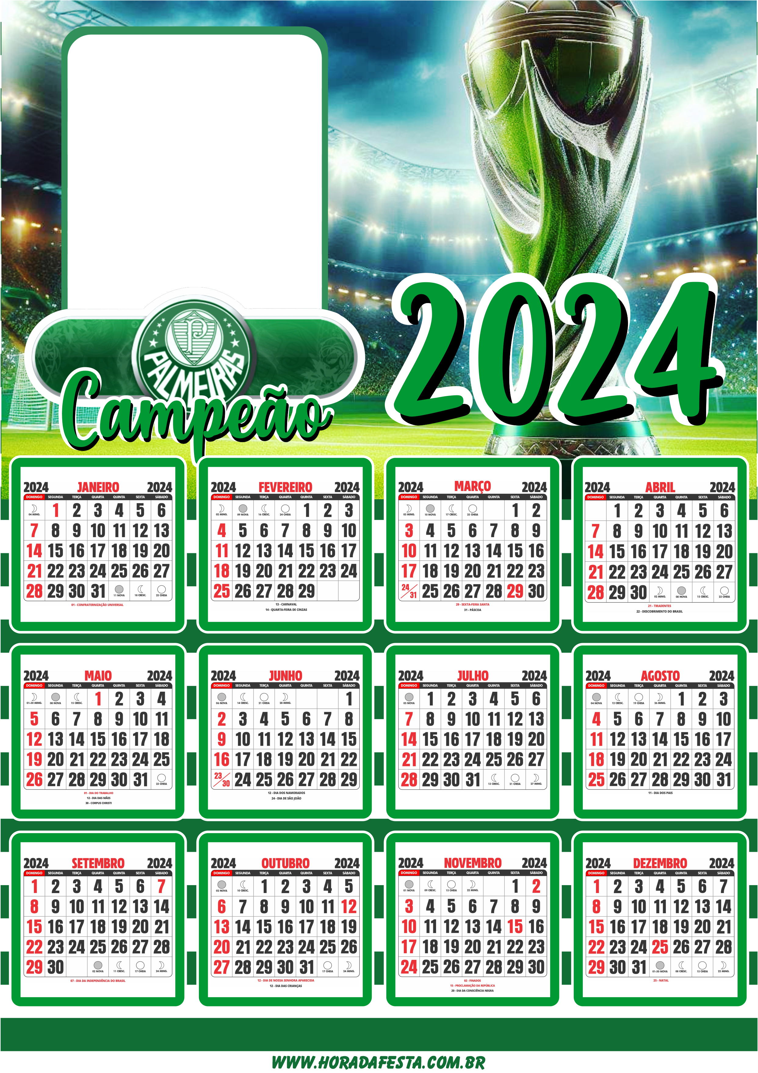 Calendário 2024 personalizado com foto Palmeiras campeão troféu para imprimir png