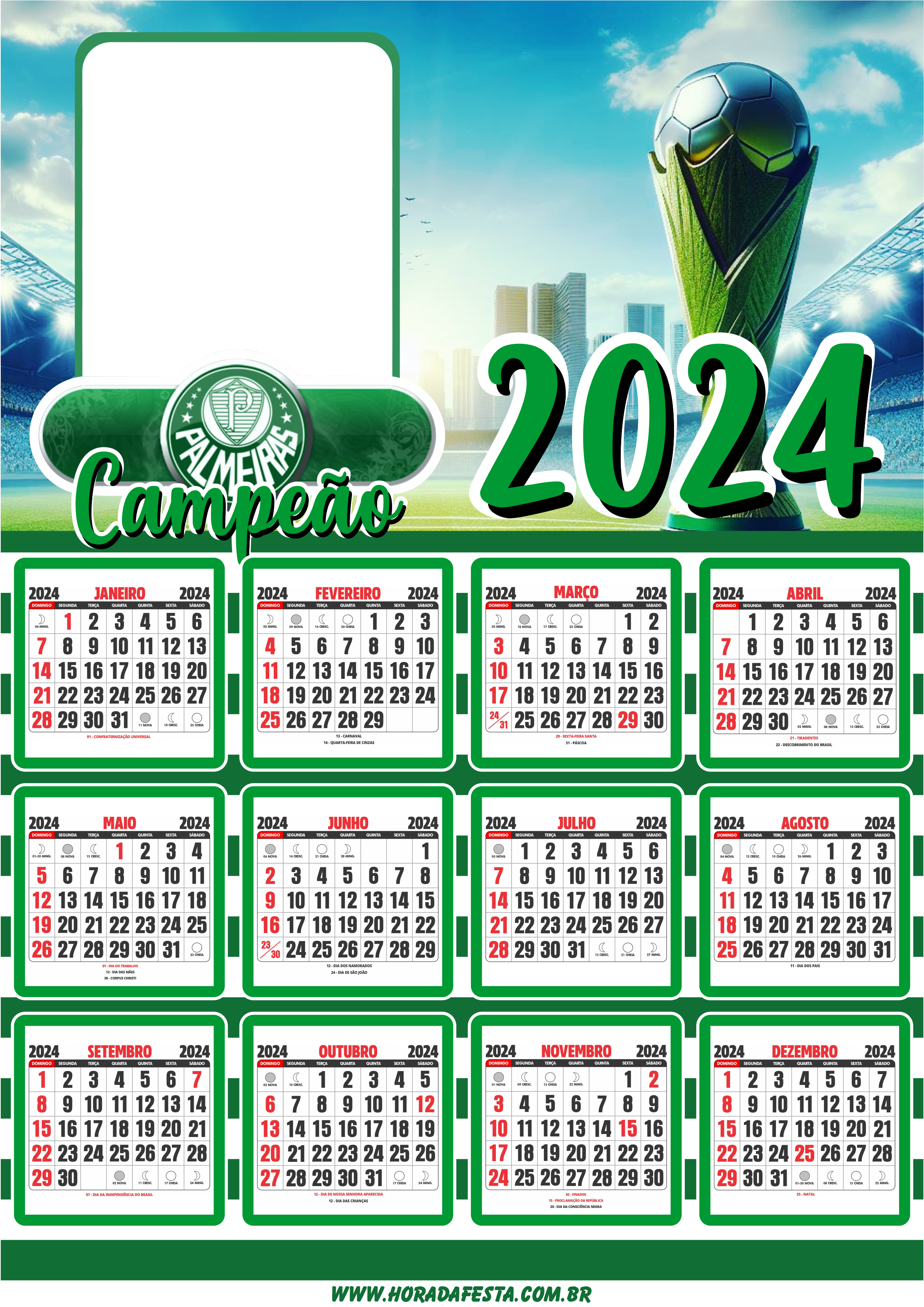 Calendário 2024 personalizado com foto Palmeiras campeão troféu para imprimir renda extra com personalizados png