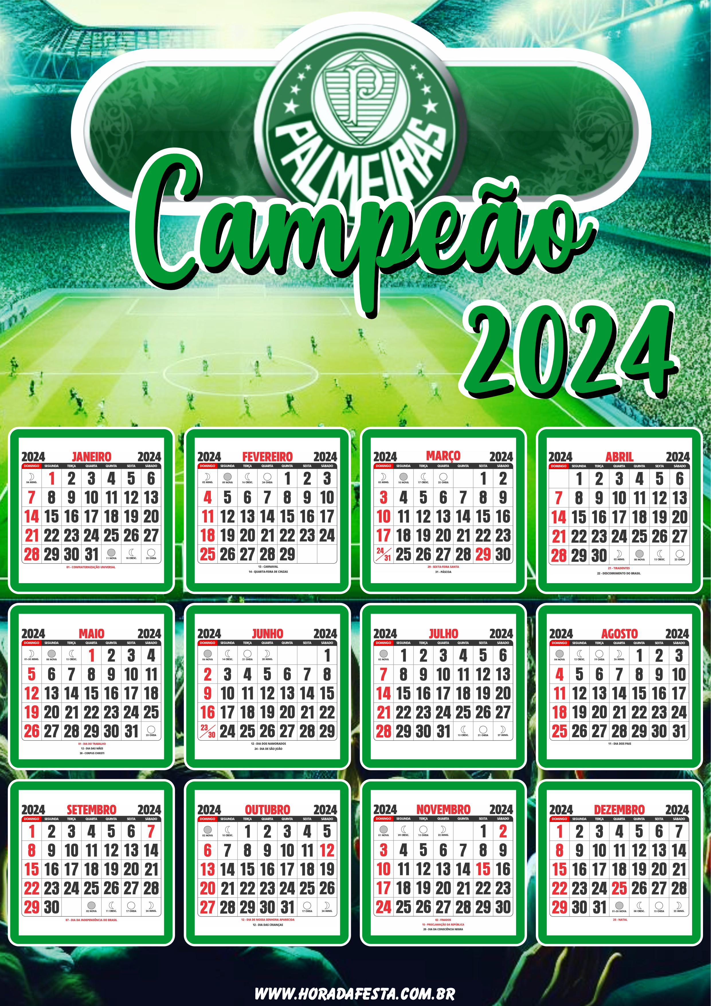 Calendário 2024 personalizado Palmeiras campeão png