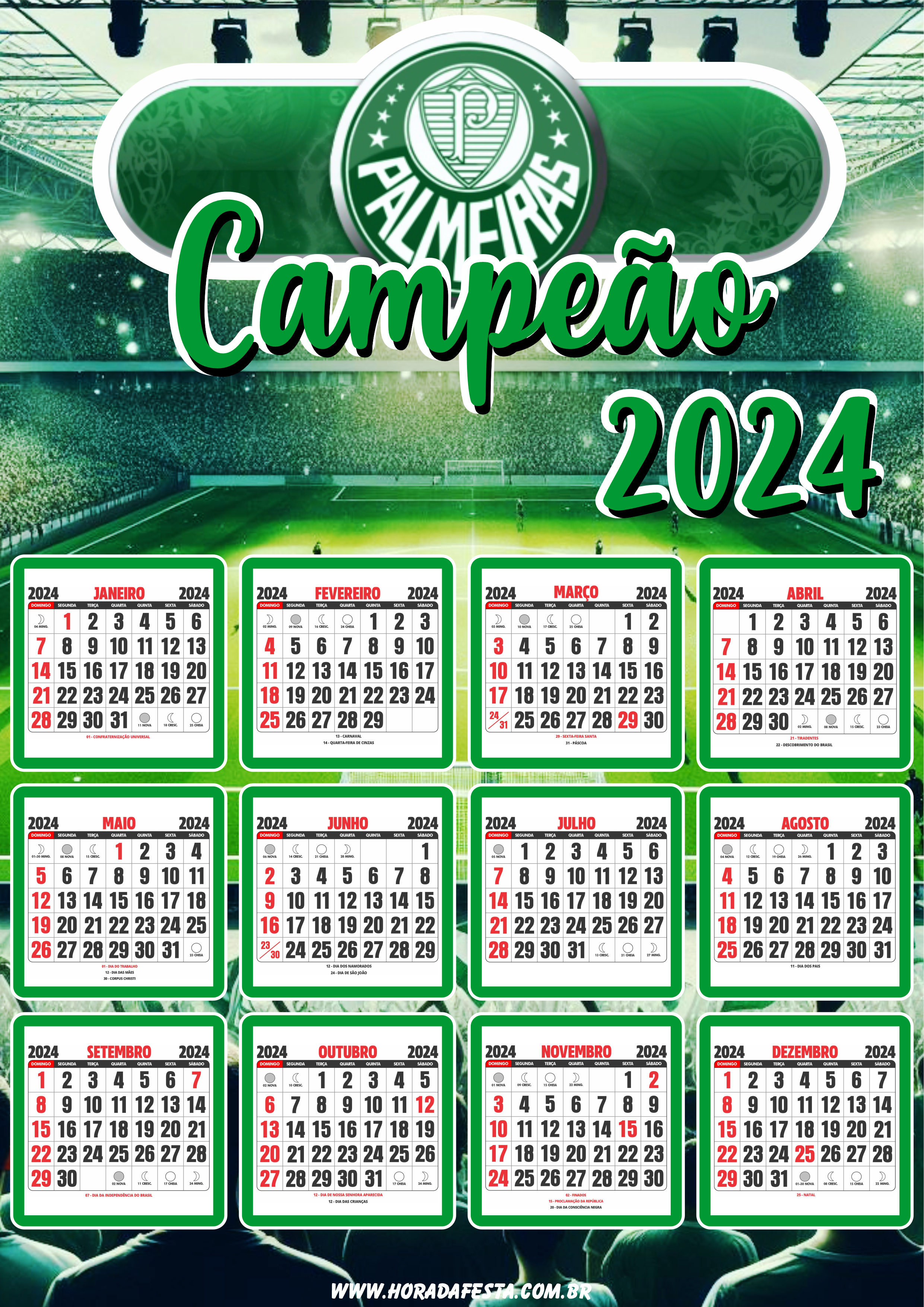 Calendário 2024 personalizado Palmeiras campeão de futebol png