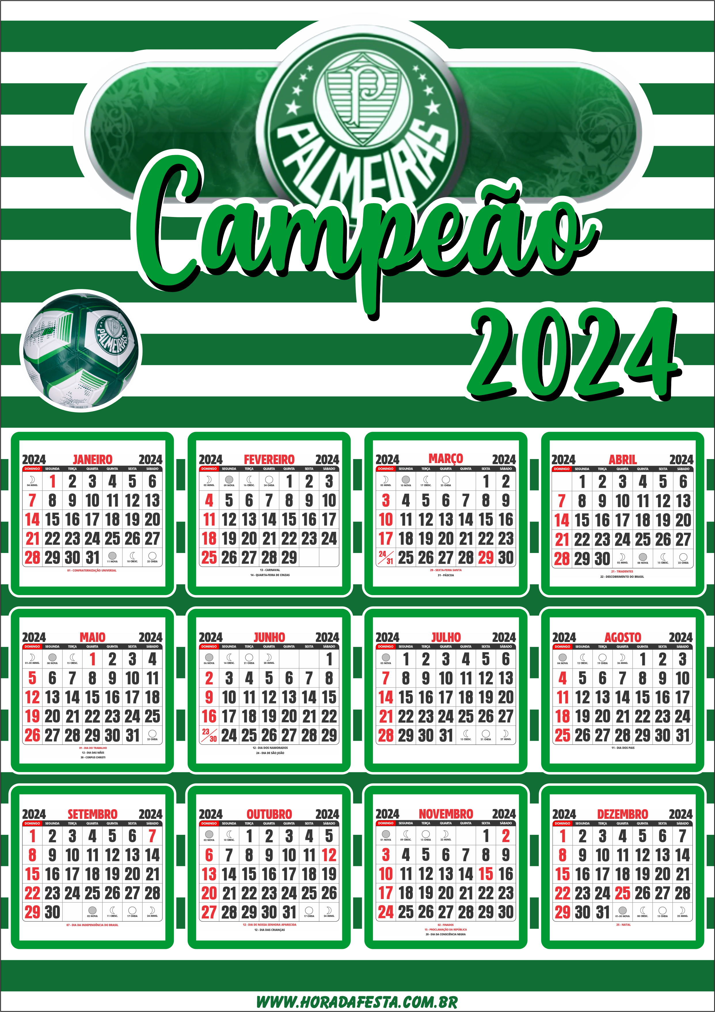 Calendário 2024 personalizado Palmeiras campeão de futebol campeonato brasileiro png