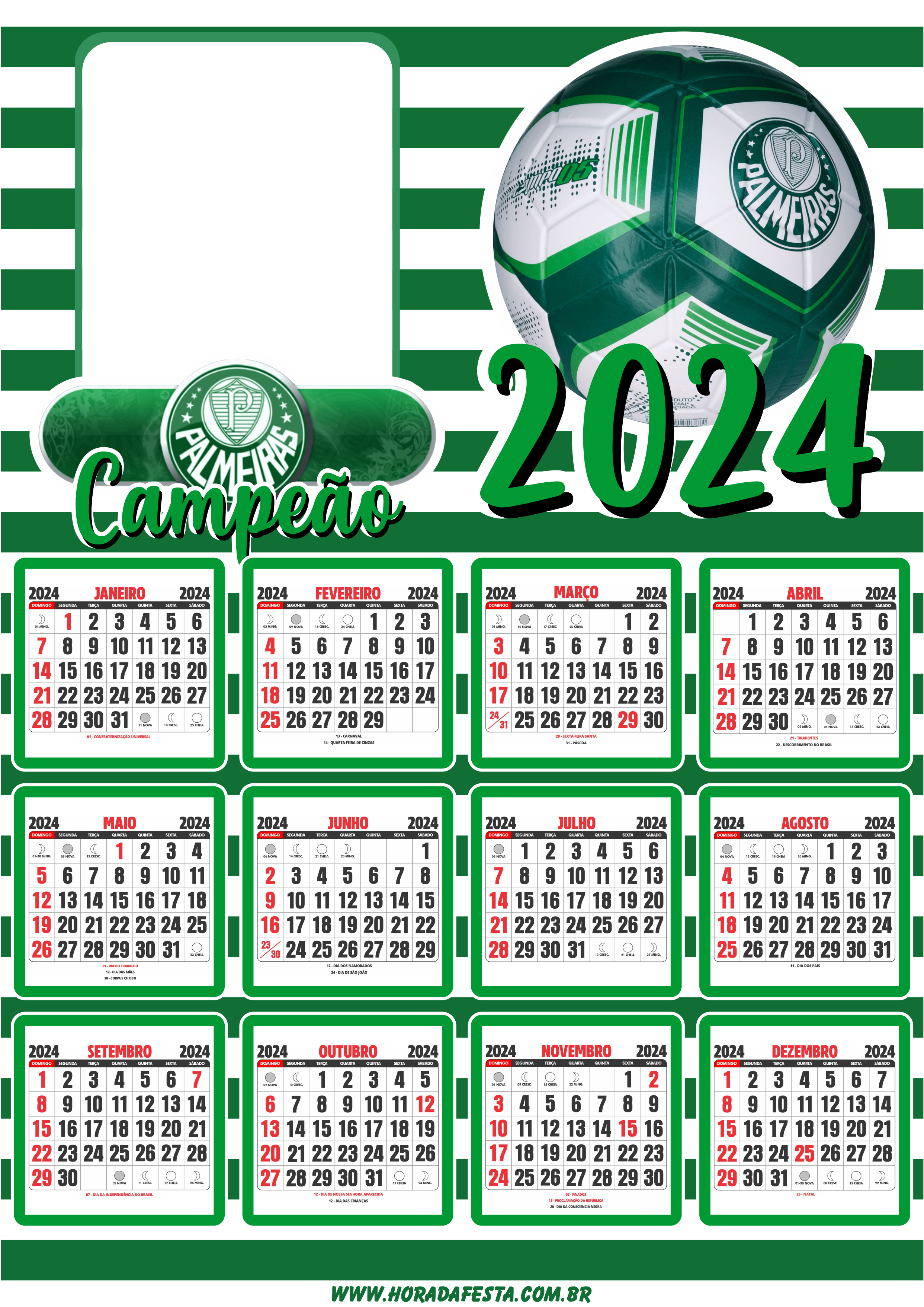 Calendário 2024 personalizado Palmeiras campeão de futebol campeonato brasileiro artigos de papelaria png