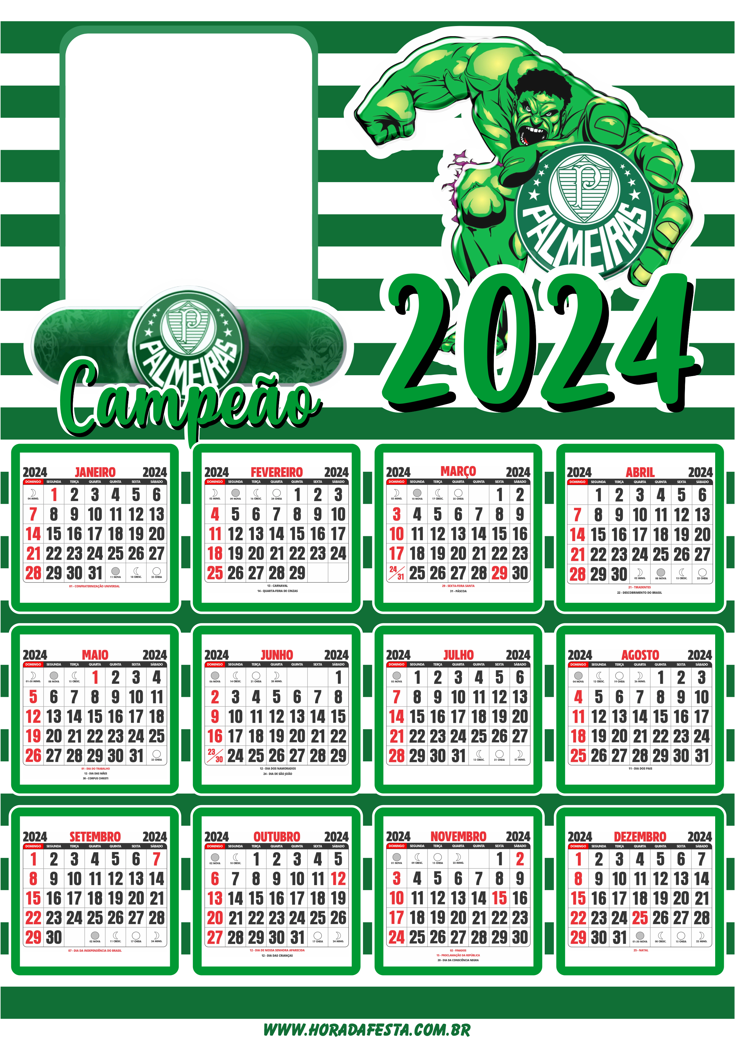 Calendário 2024 personalizado Palmeiras campeão de futebol campeonato brasileiro artigos de papelaria Hulk png