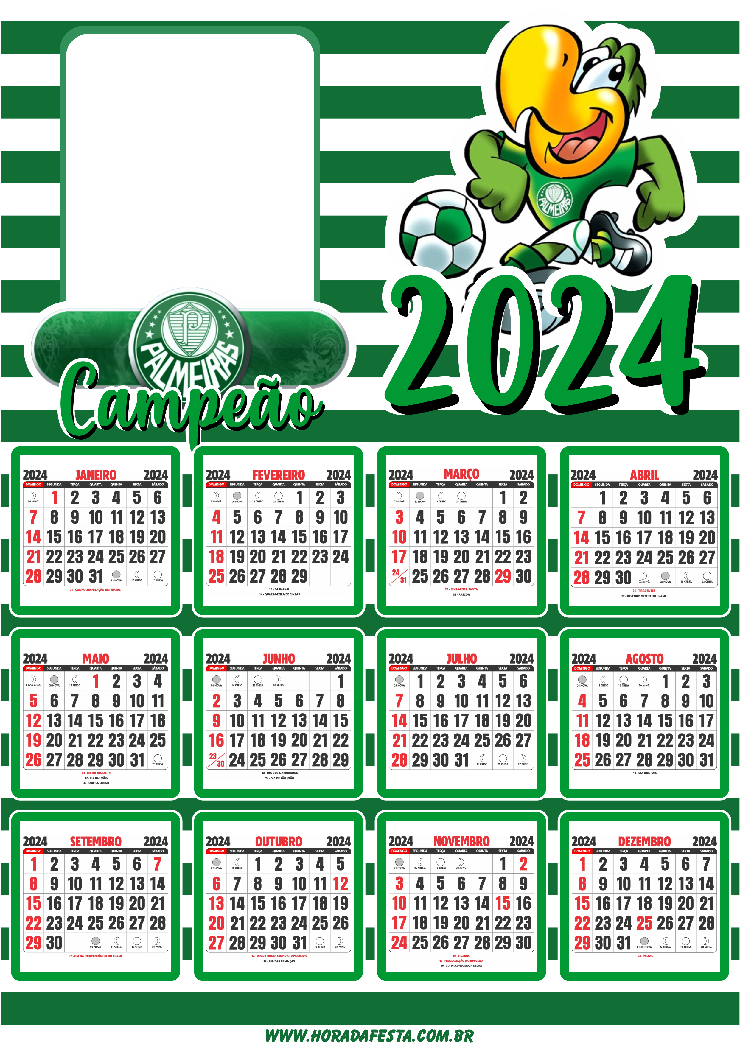 Calendário 2024 personalizado com foto Palmeiras papagaio png