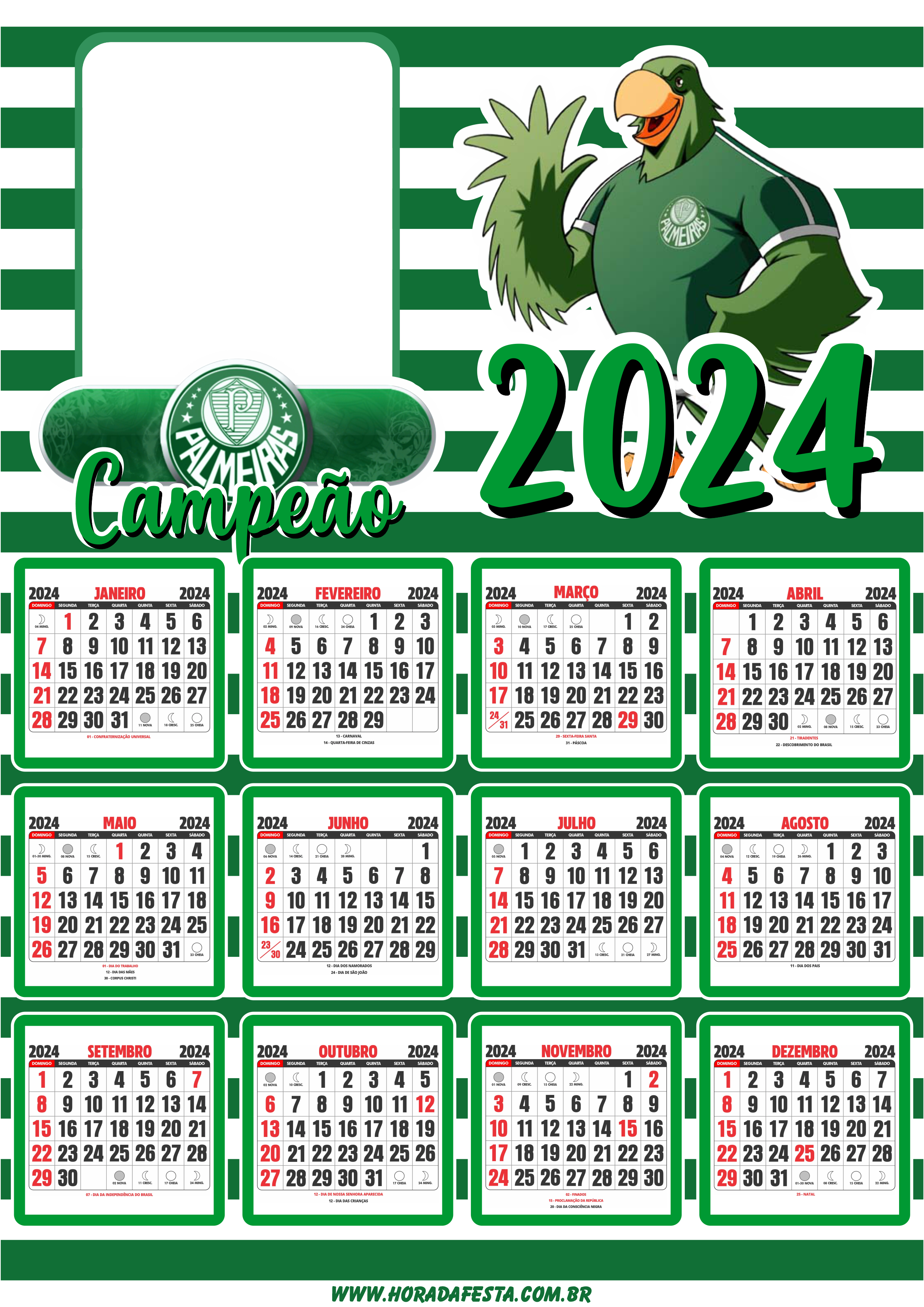 Calendário 2024 personalizado com foto Palmeiras papagaio mascote png