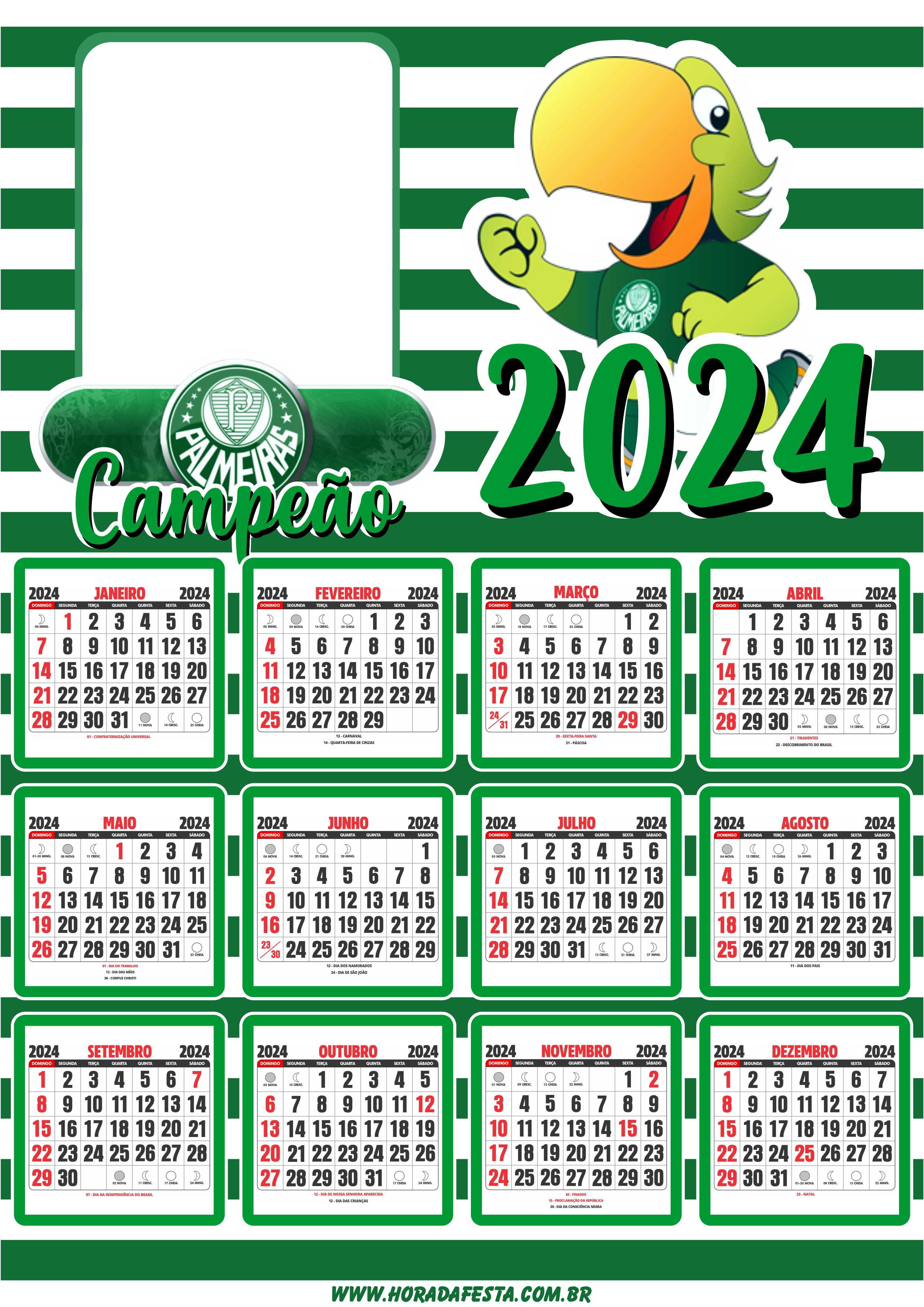 Calendário 2024 personalizado com foto Palmeiras papagaio mascote para imprimir png