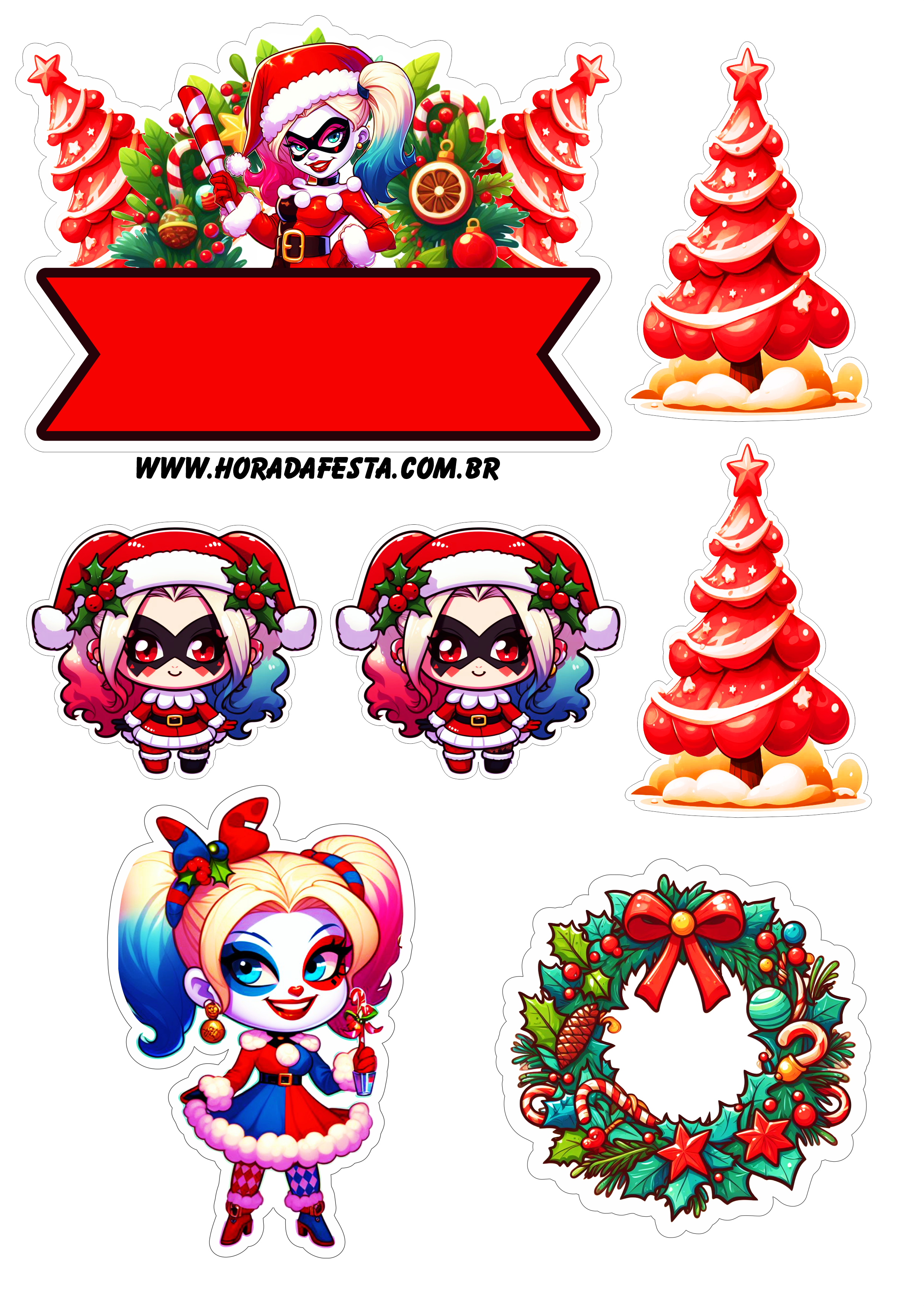 Arlequina palhacinha decoração de natal topper de bolo para imprimir festa infantil personalizados png