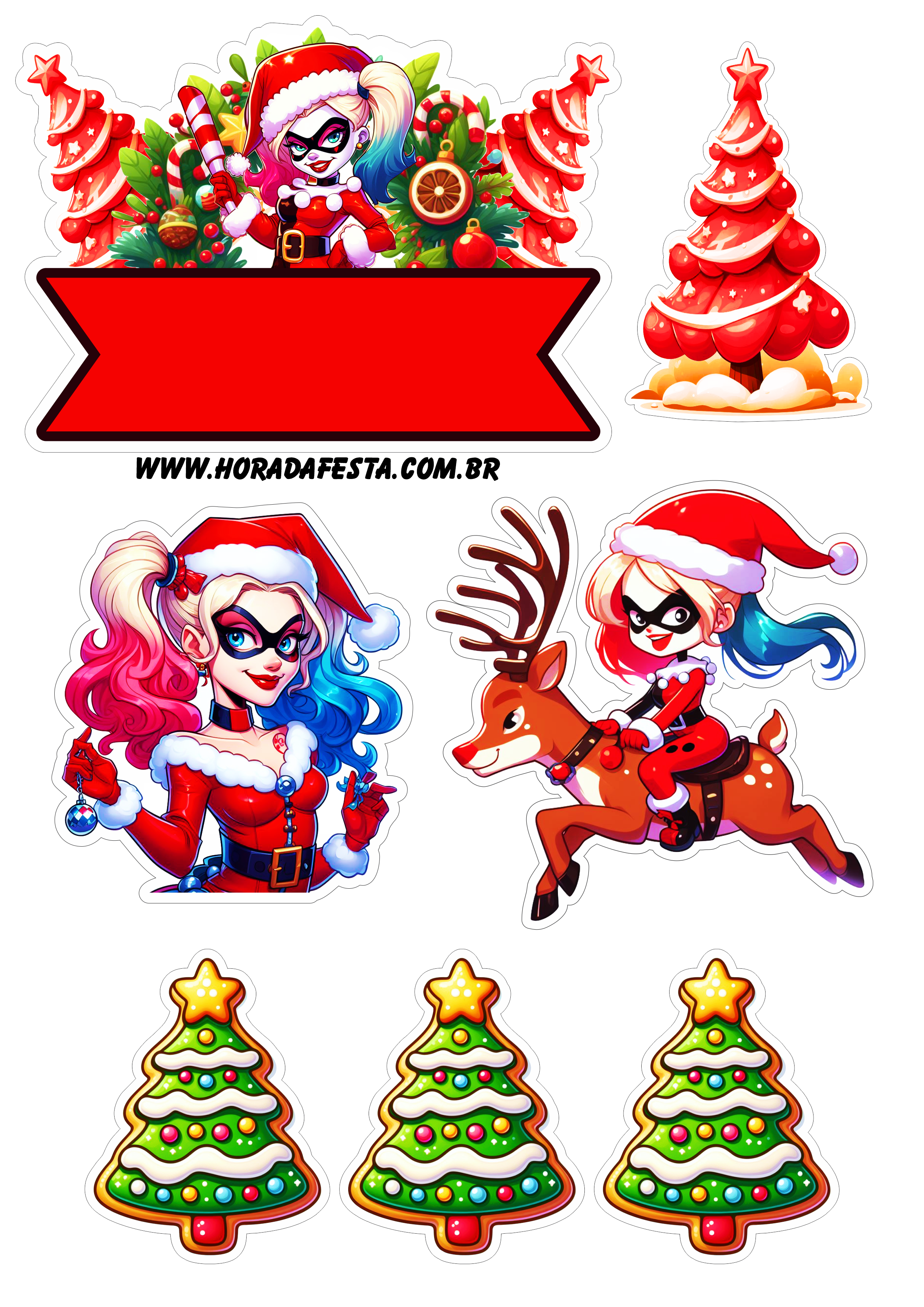 Arlequina palhacinha decoração de natal jingle bells topper de bolo para imprimir festa infantil grátis renda extra png