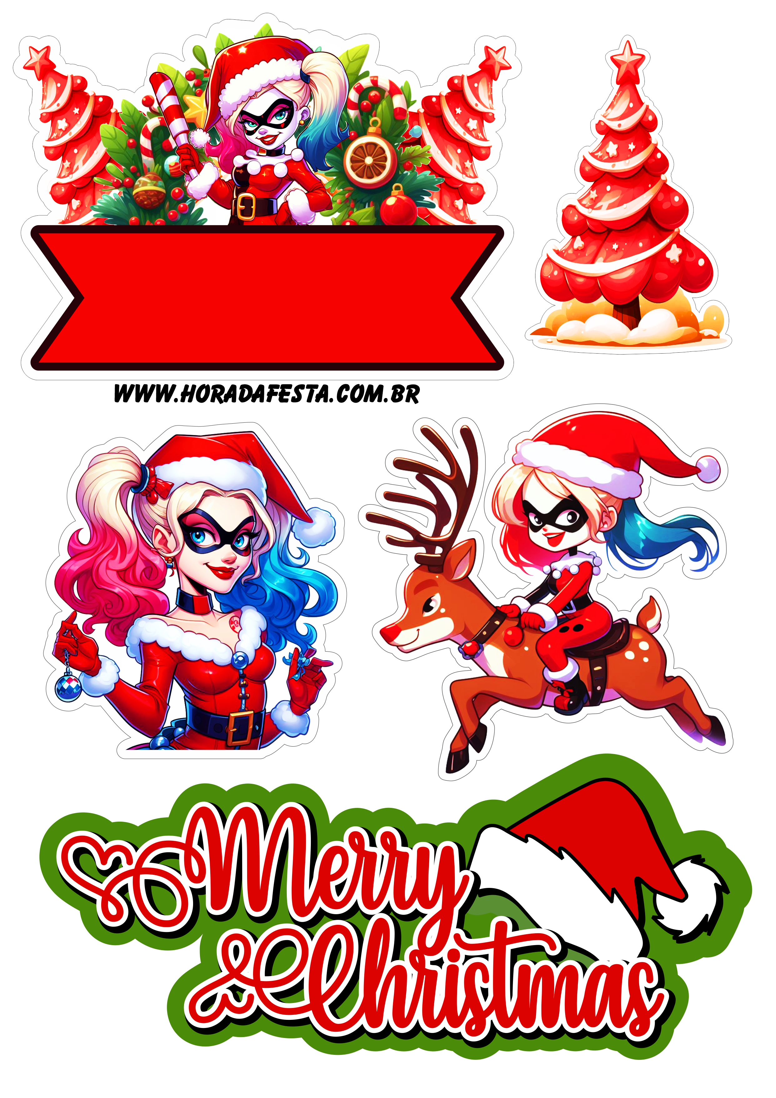 Arlequina palhacinha decoração de natal jingle bells topper de bolo para imprimir festa infantil grátis renda extra design png