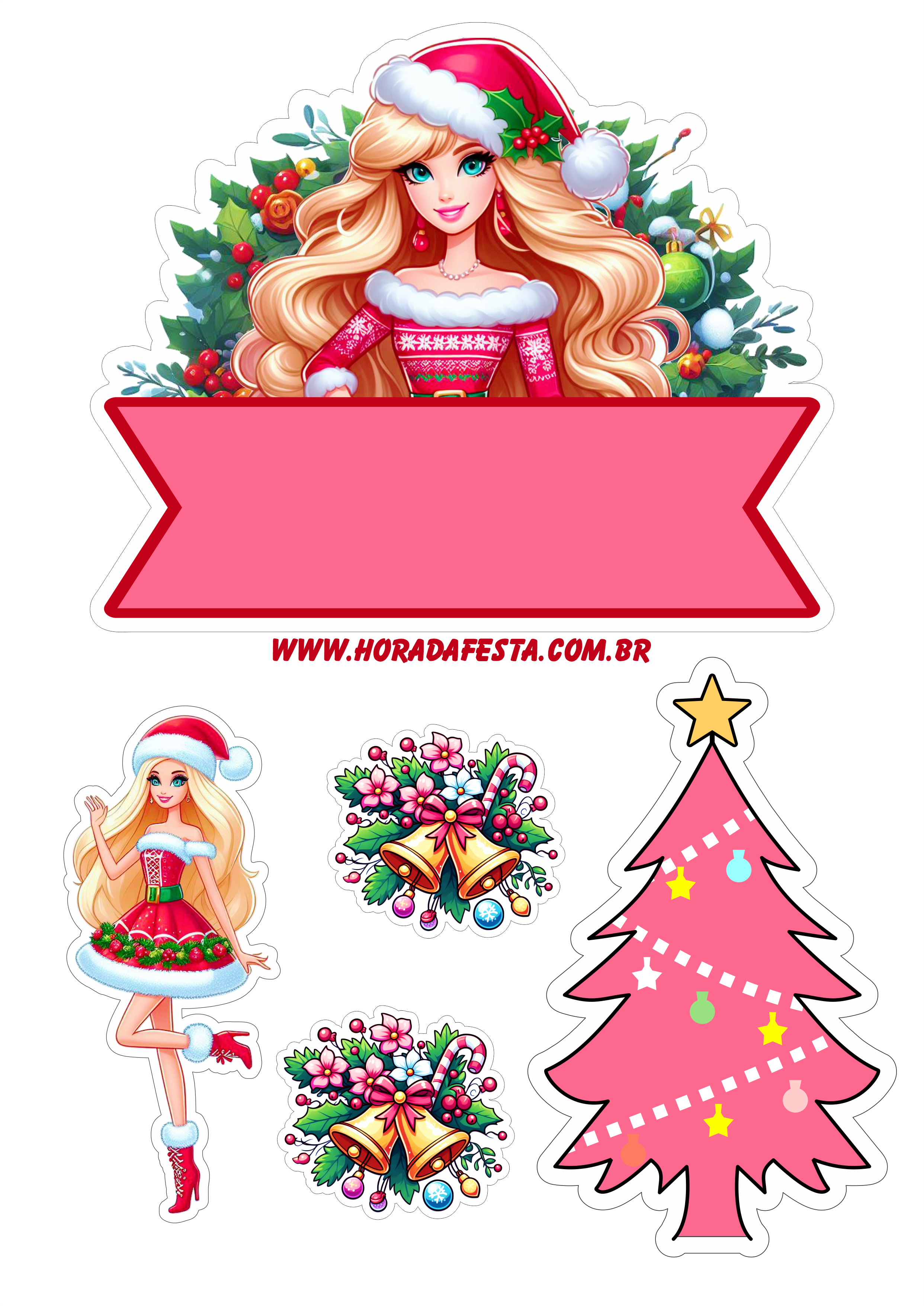 Natal da Barbie topo de bolo para imprimir árvore de natal rosa png