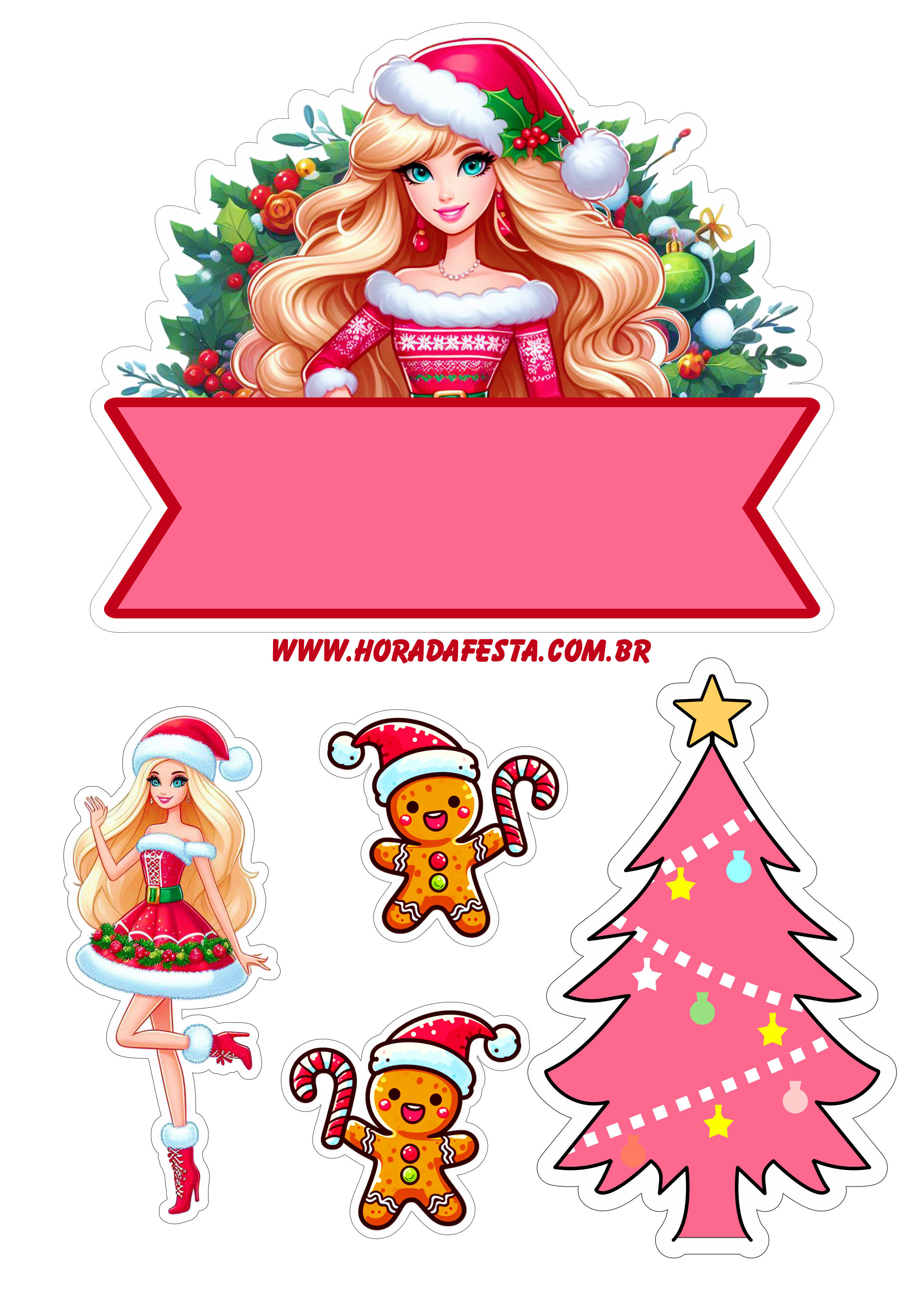 Natal da Barbie topo de bolo para imprimir árvore de natal rosa homem biscoito png