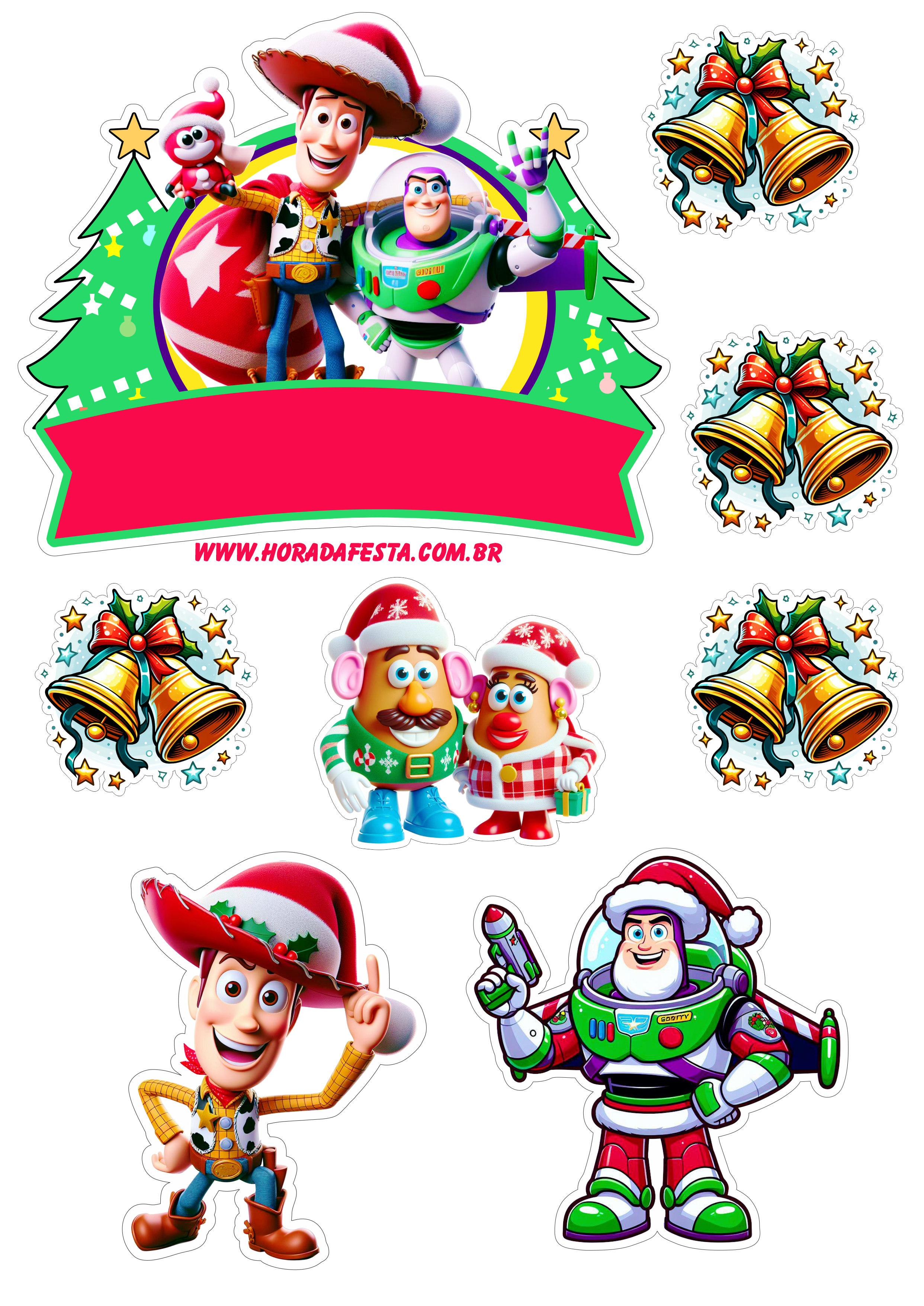 Toy Story especial de natal topo de bolo Woody e Buzz Lightyear Disney Pixar senhor e senhora cabeça de batata png