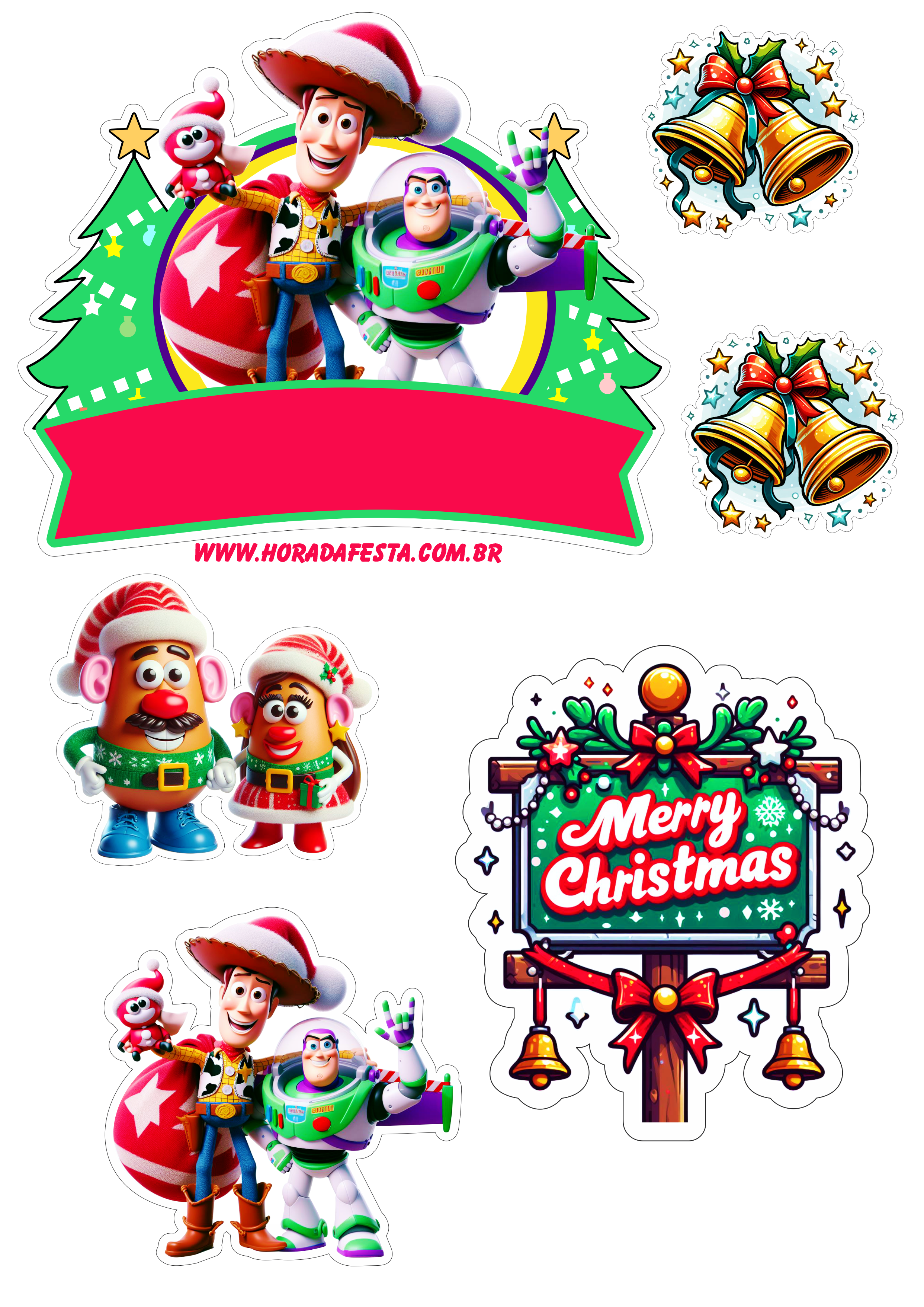 Toy Story especial de natal topo de bolo Woody e Buzz Lightyear Disney Pixar senhor esenhora cabeça de batata merry christmas png