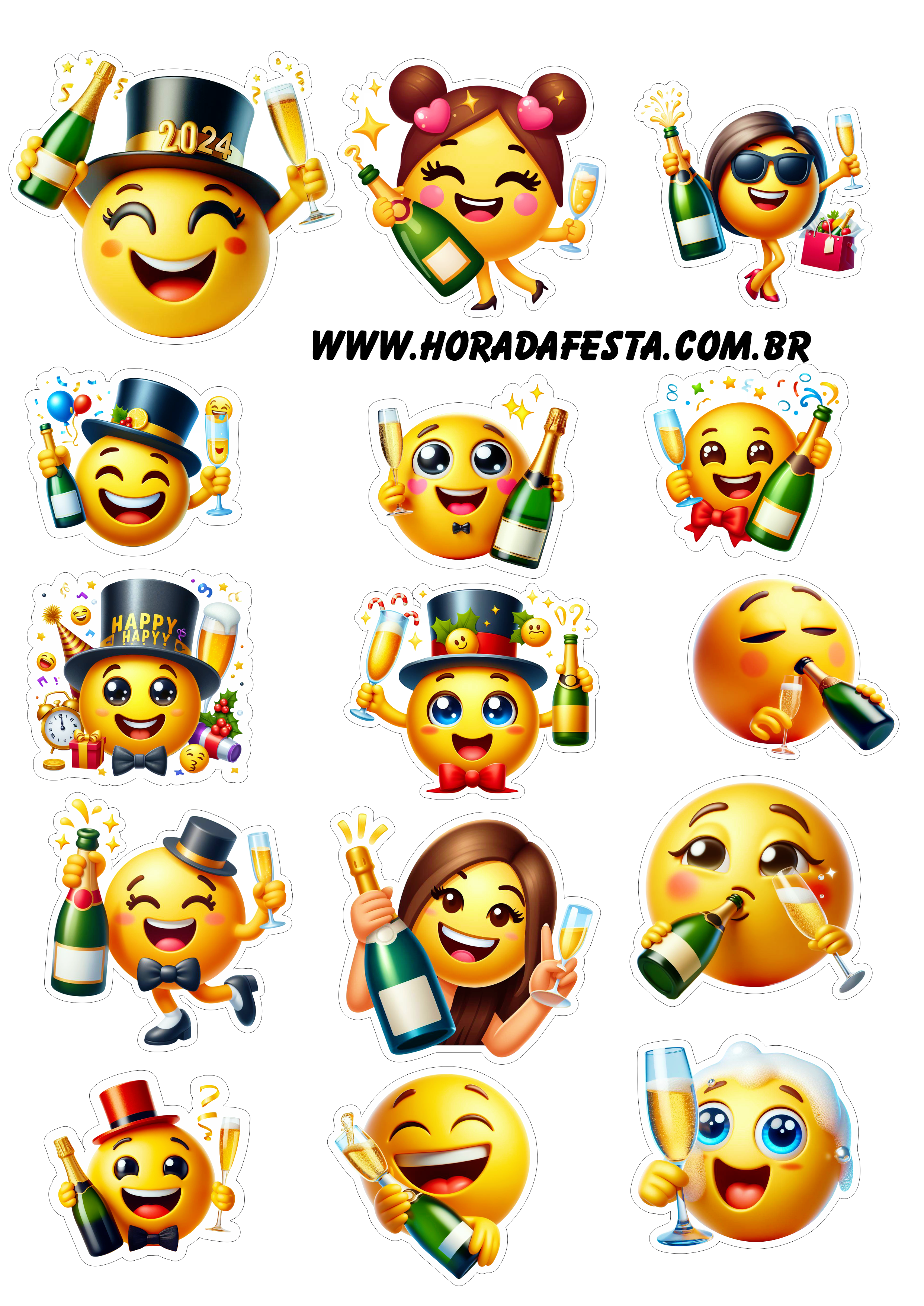 Emojis para whatsapp e facebook feliz ano novo 2024 desenho engraçado png