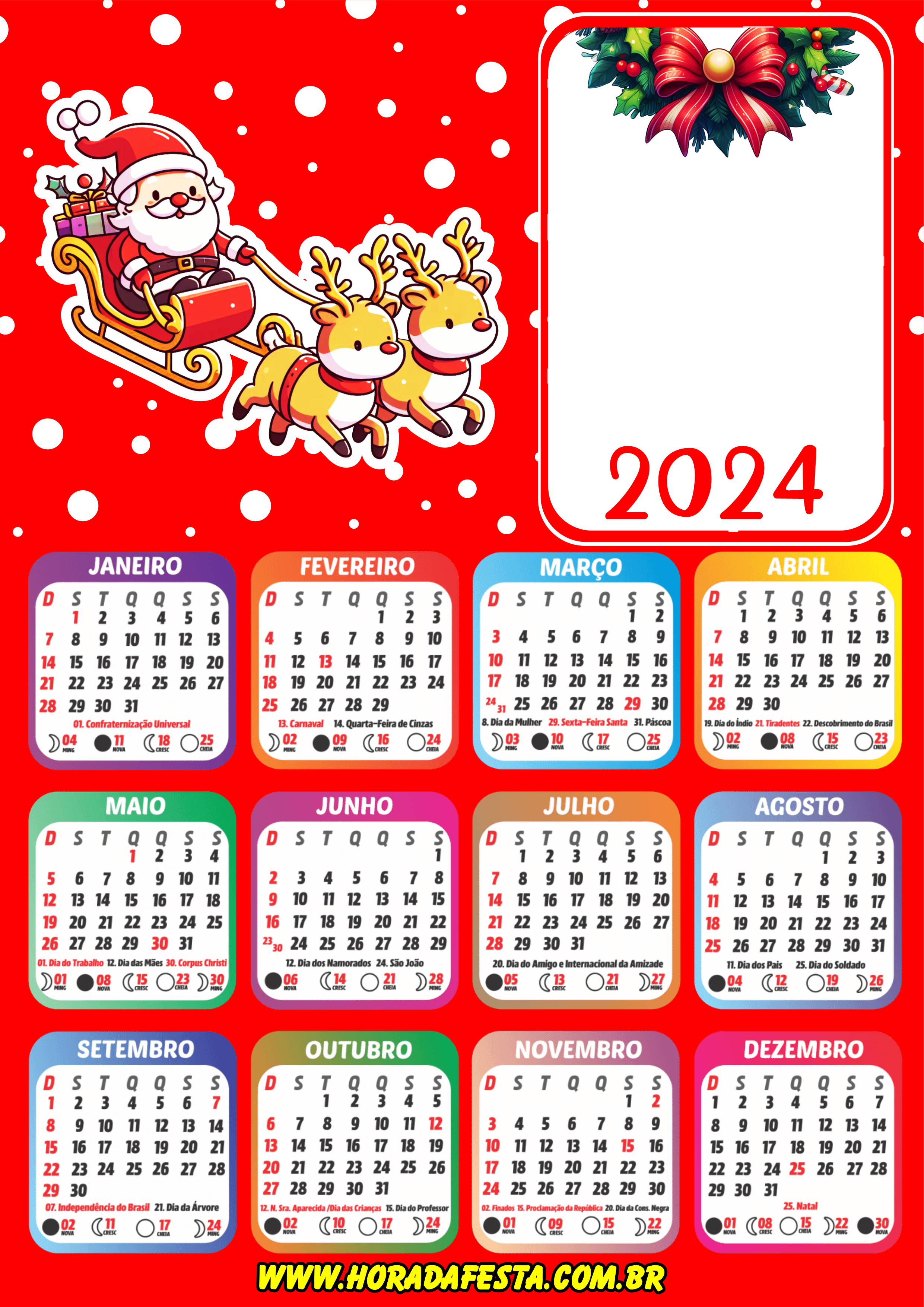 2024 calendário personalizado de natal Papai Noel com renas desenho cute porta retrato png