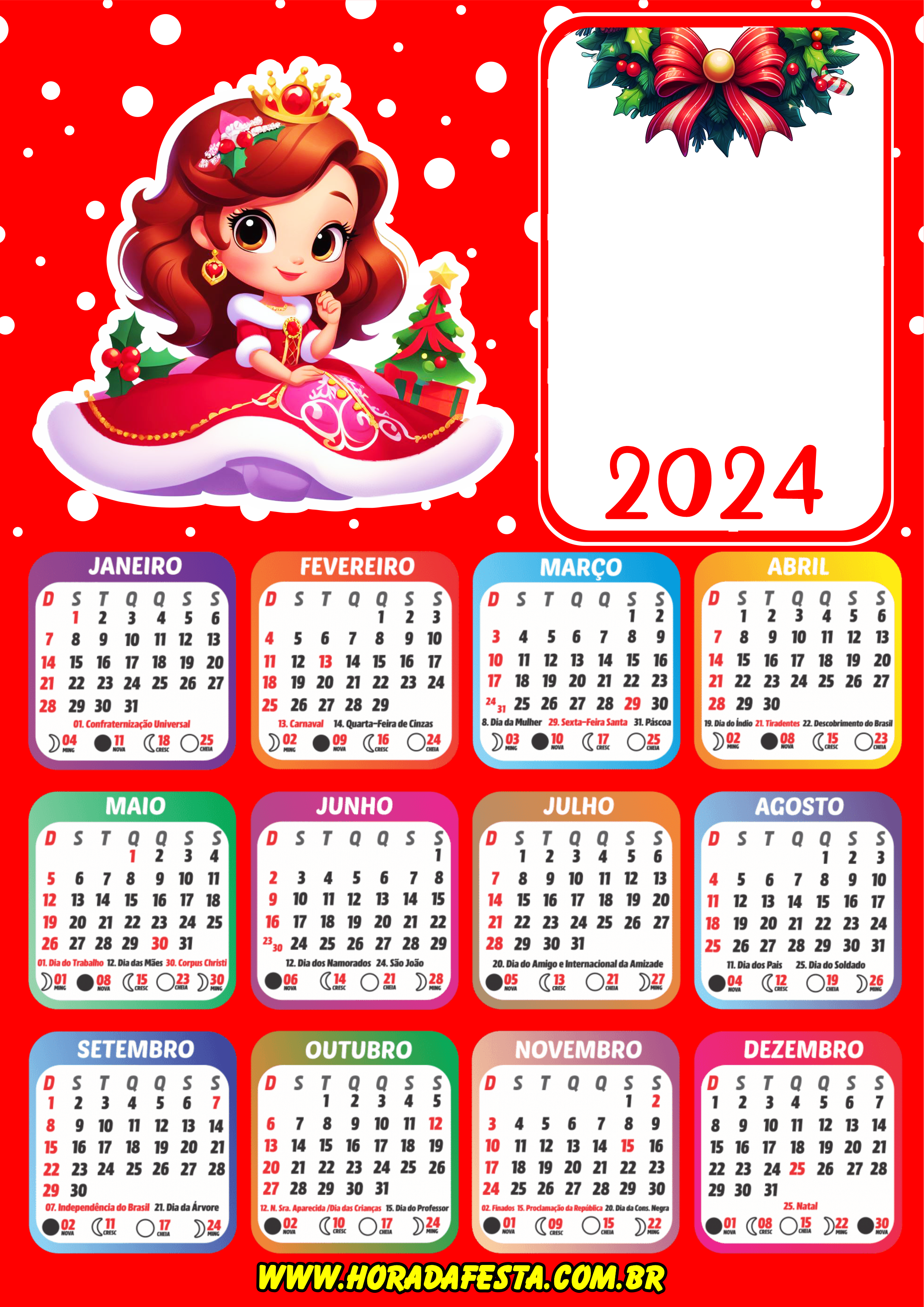2024 calendário personalizado de natal menina princesinha desenho cute png