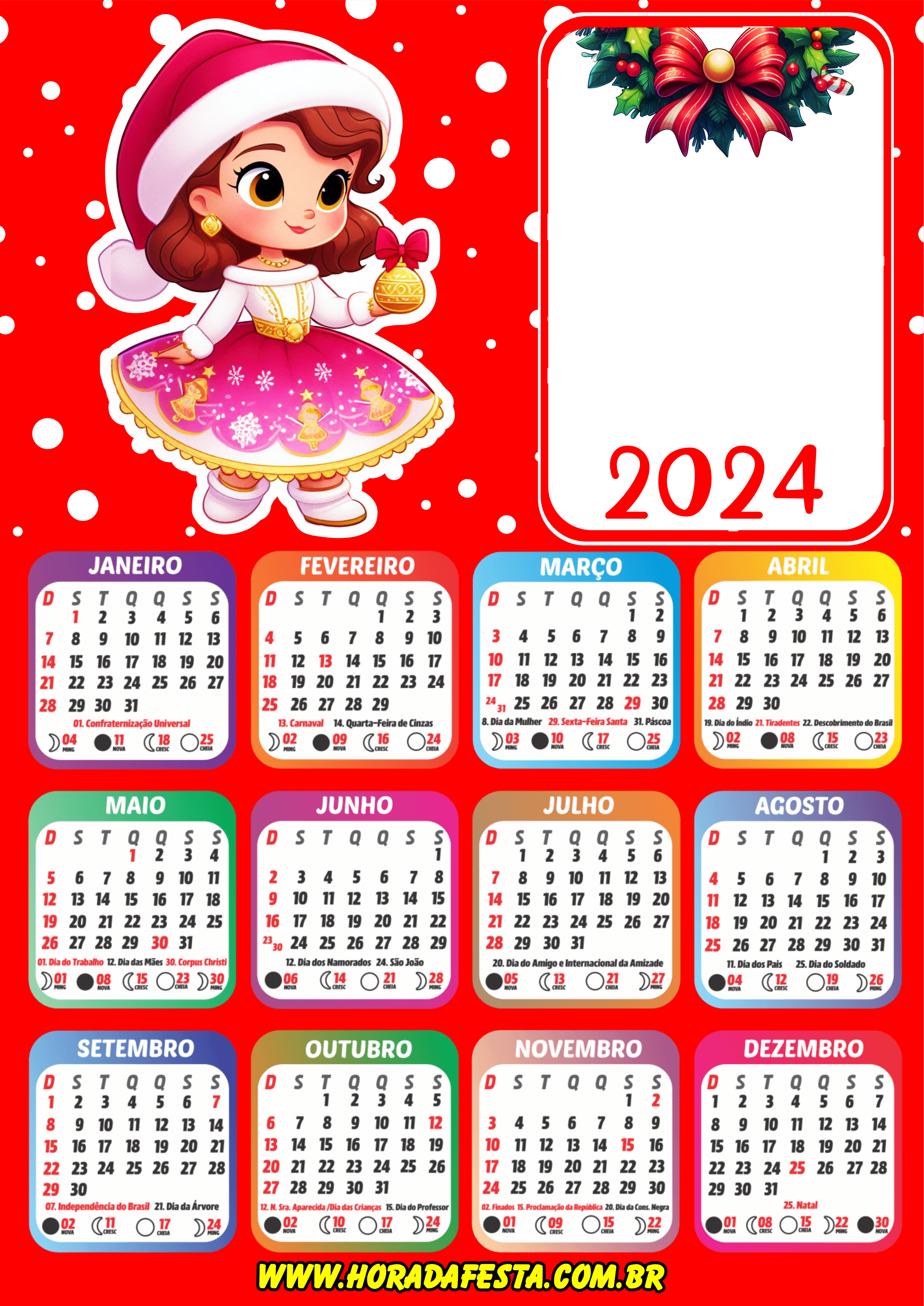 2024 calendário personalizado de natal menina princesinha desenho cute porta retrato png