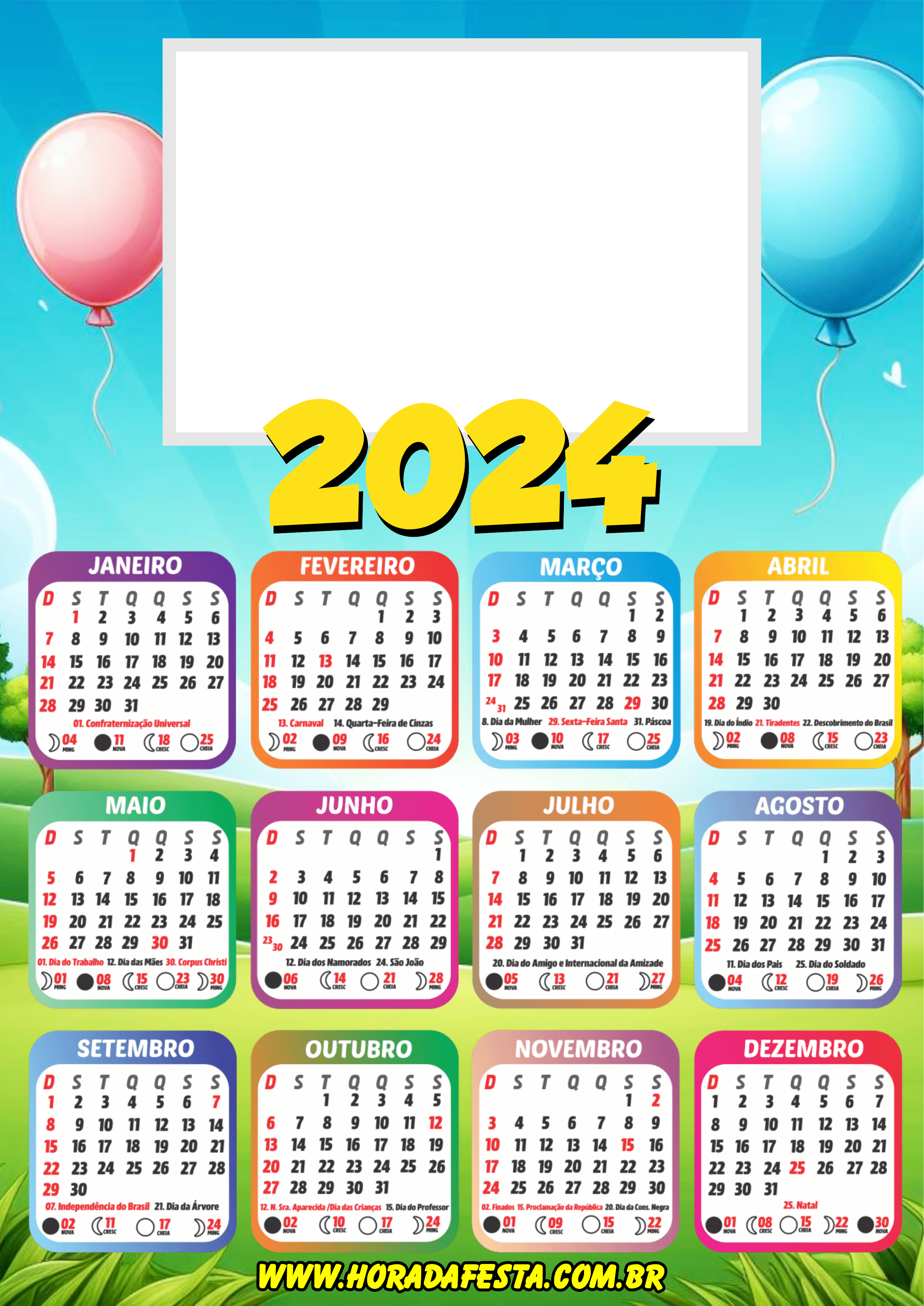 Calendário 2024 personalizado com foto céu png