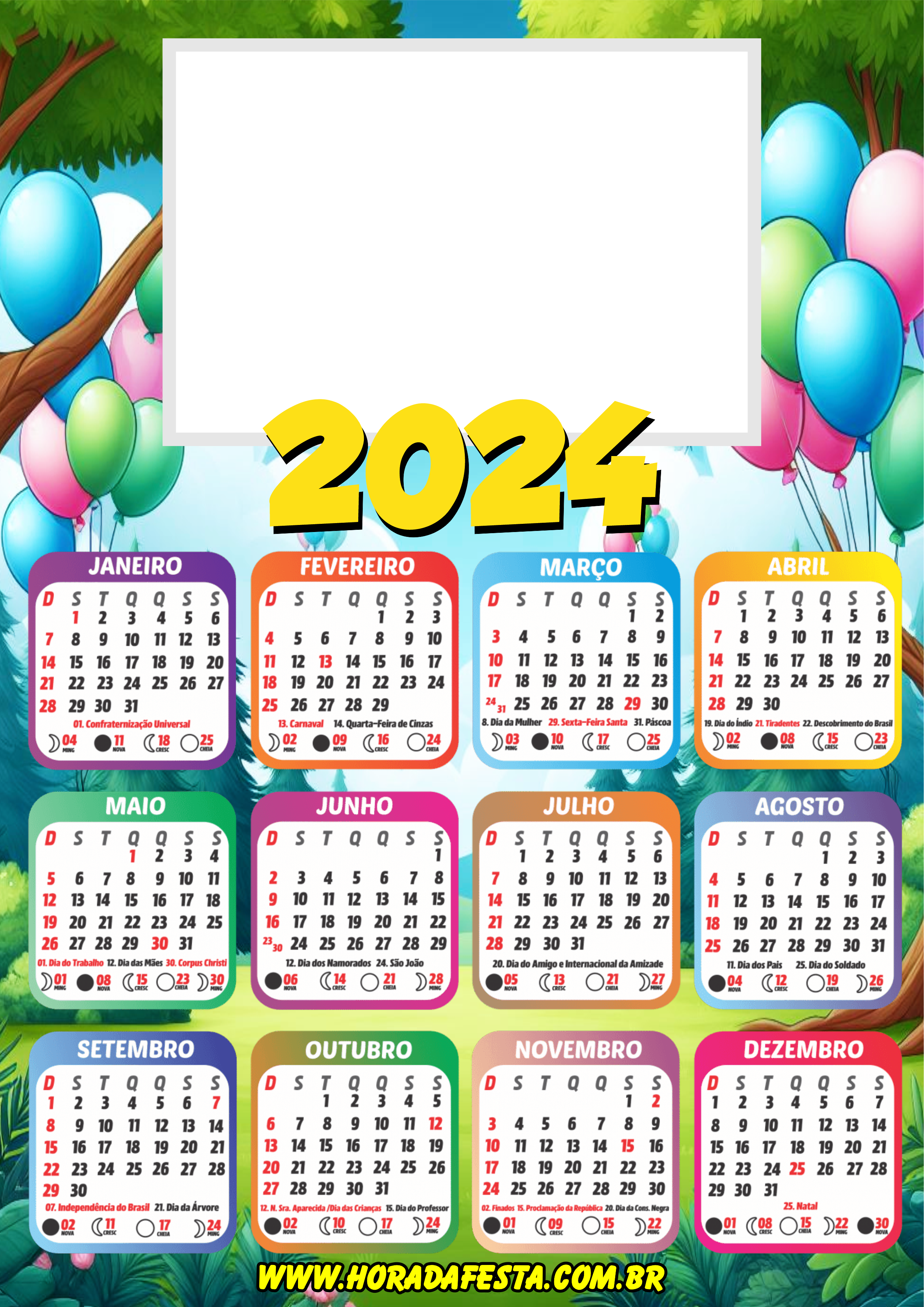 Calendário 2024 personalizado com foto céu azul com balões png