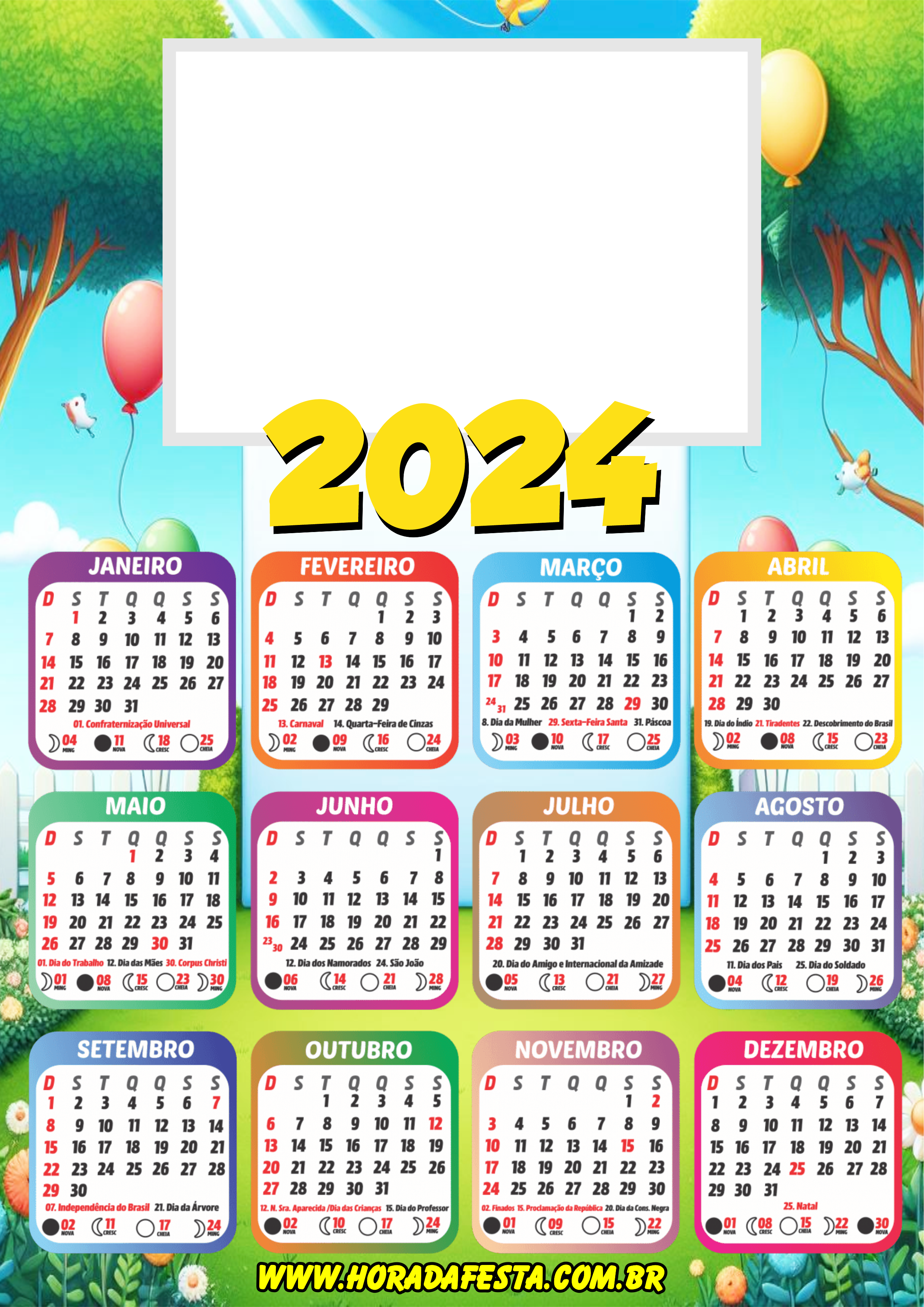 Calendário 2024 personalizado com foto céu azul com balões gramado png