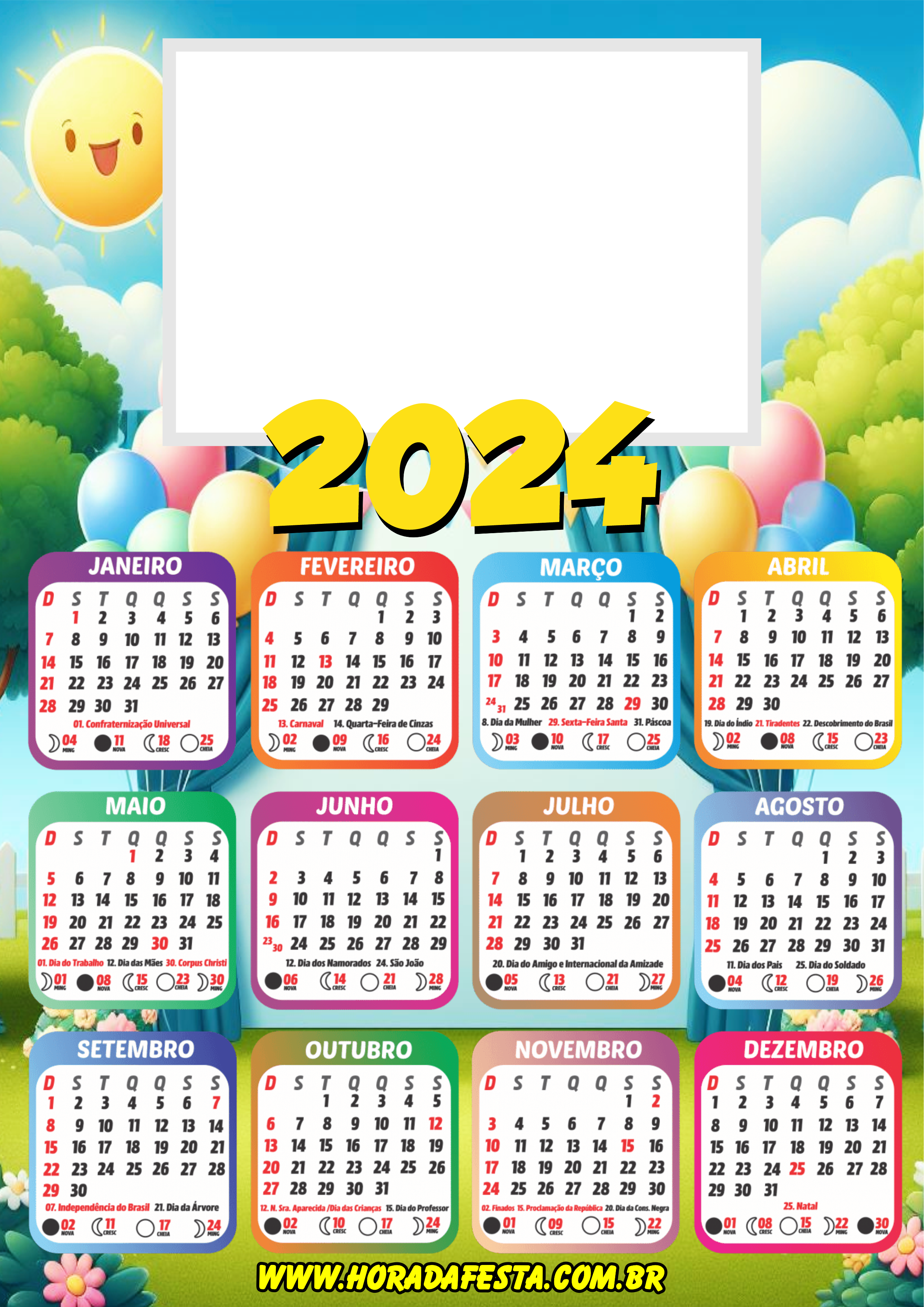 Calendário 2024 personalizado com foto céu azul com balões sol png