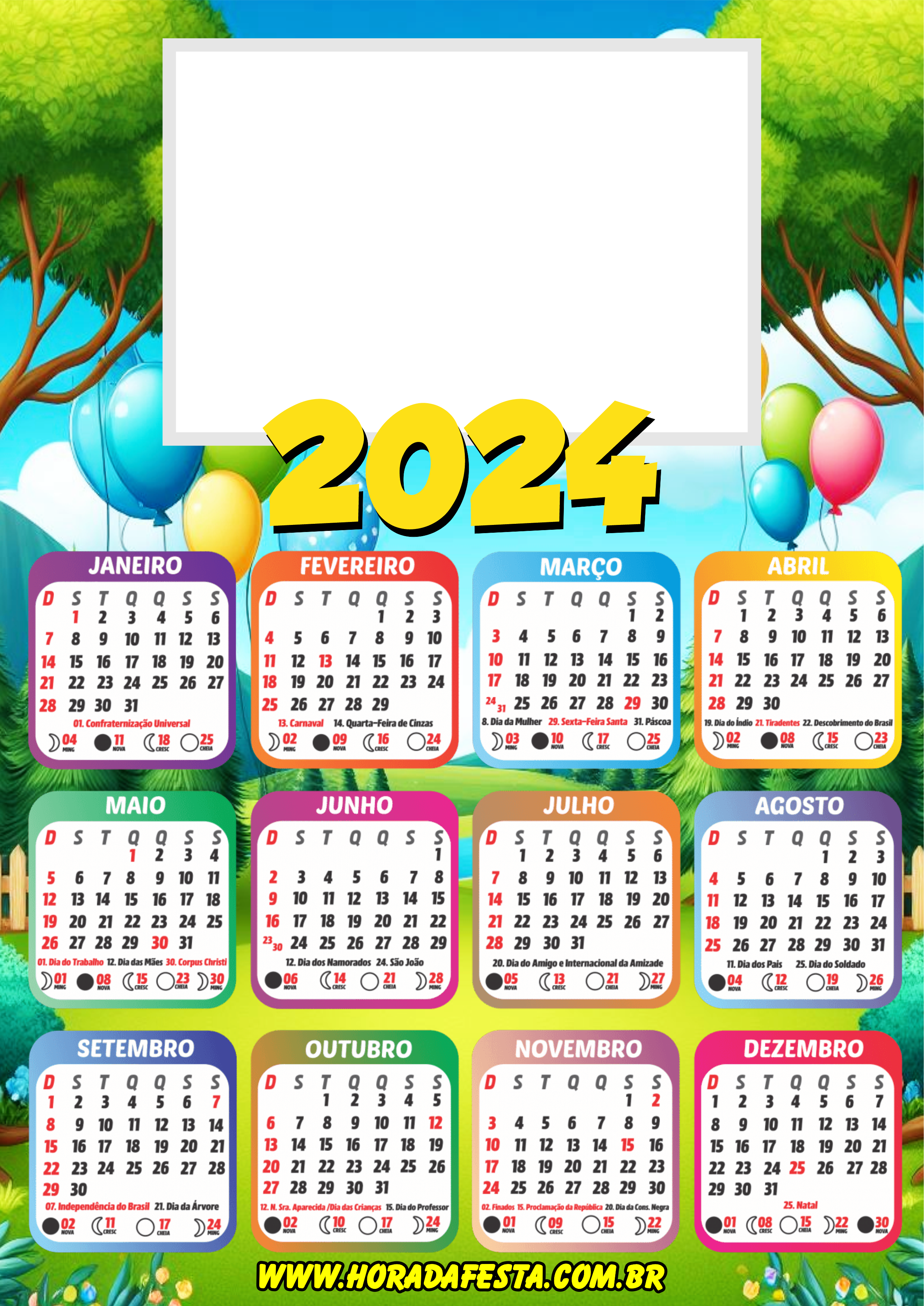 Calendário 2024 personalizado com foto céu azul com balões parque png