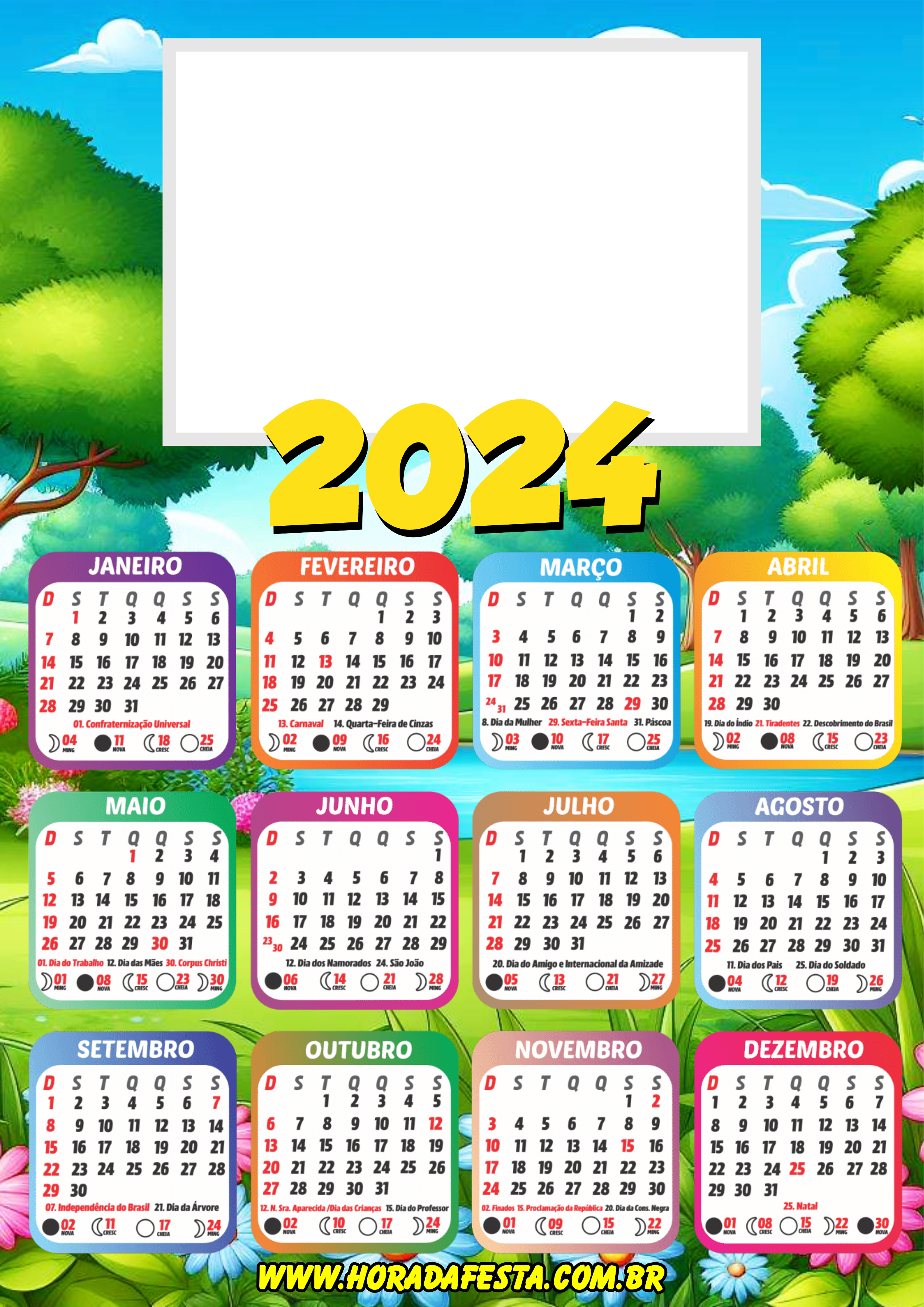 Calendário 2024 personalizado com foto céu azul com balões parque bosque png