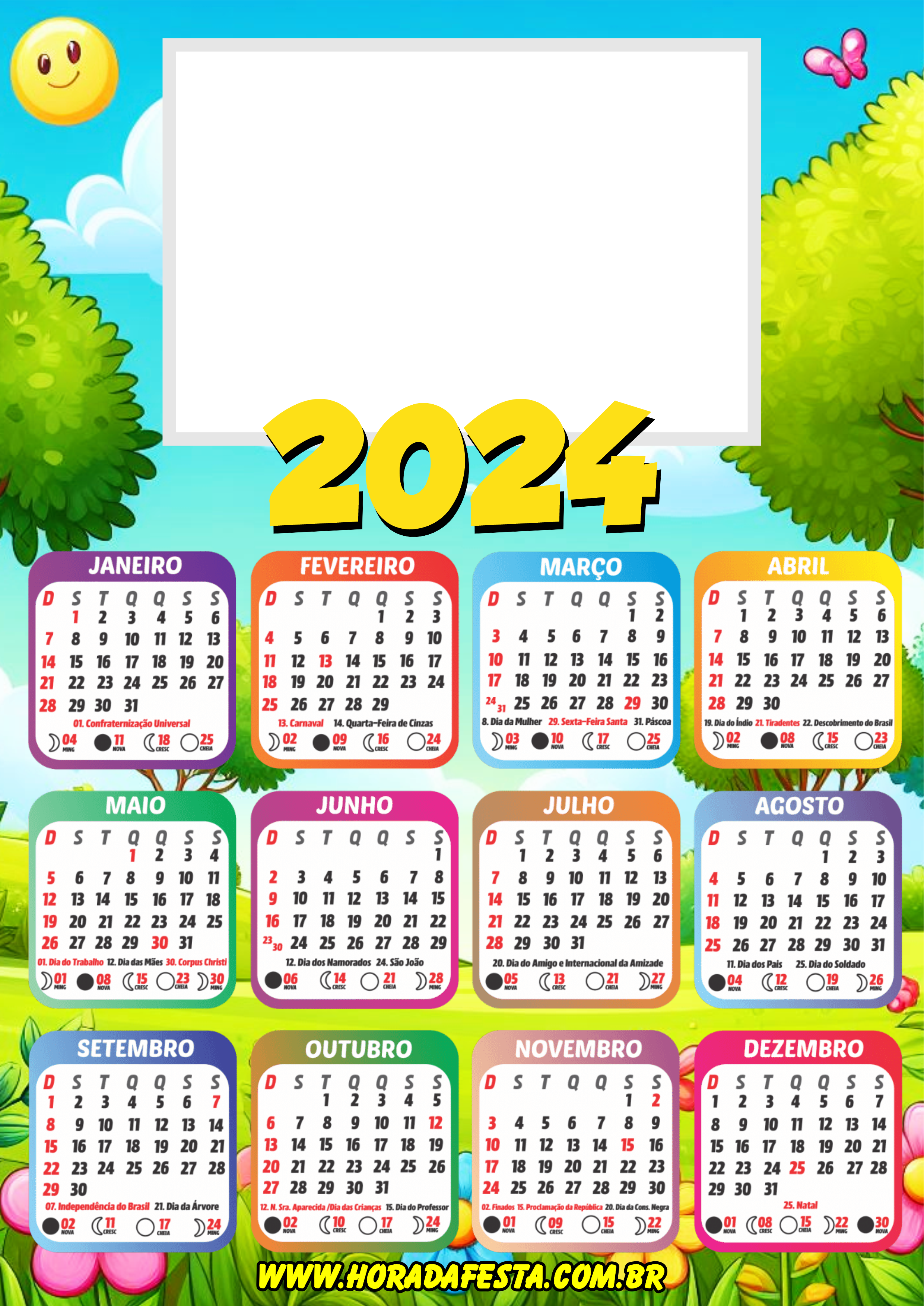 Calendário 2024 personalizado com foto céu azul com balões parque bosque florido png