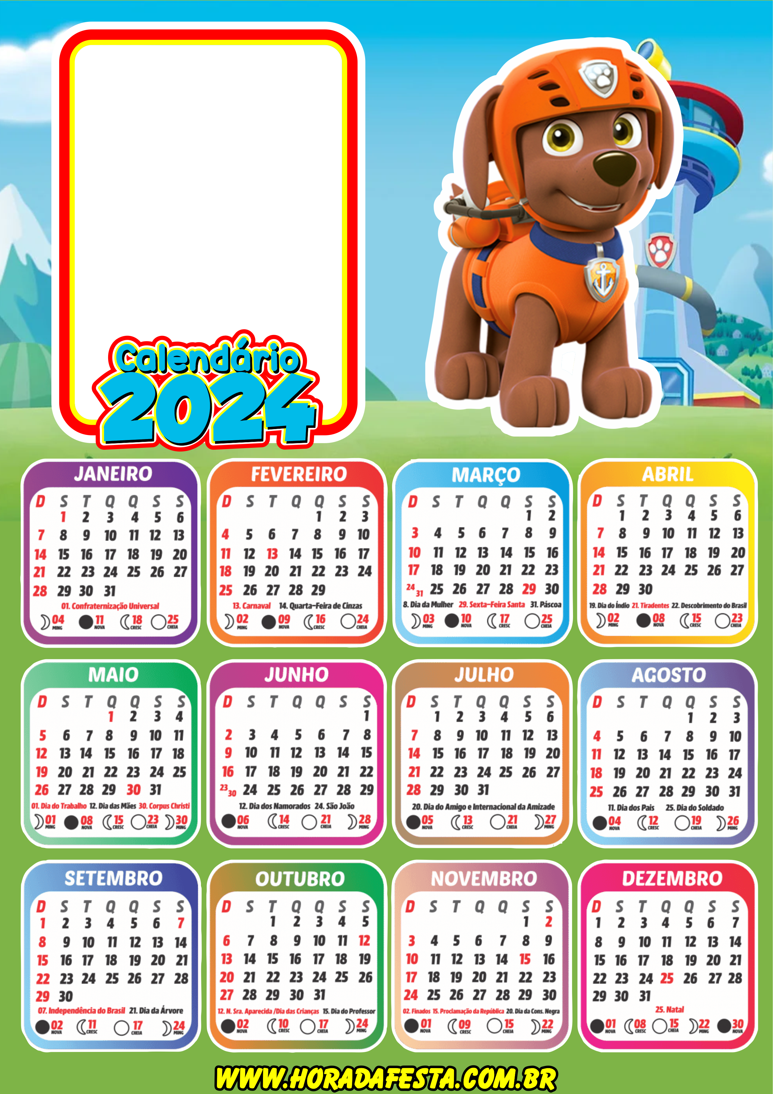 Calendário 2024 patrulha canina personalizado com foto desenho infantil artes gráficas para imprimir turma completa Zuma png