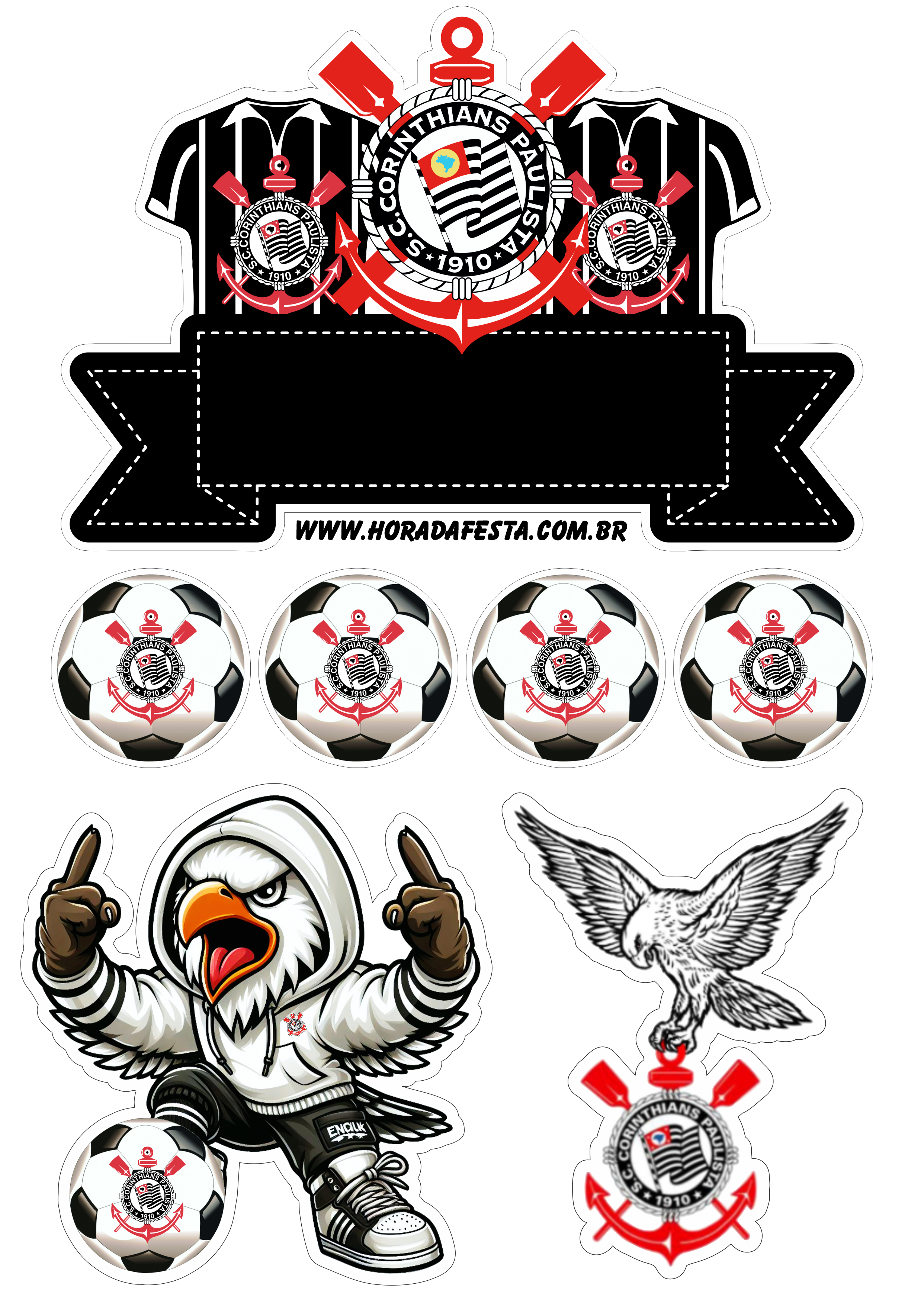Corinthians topo de bolo para imprimir festa de aniversário time de futebol mascote gavião preto e branco png