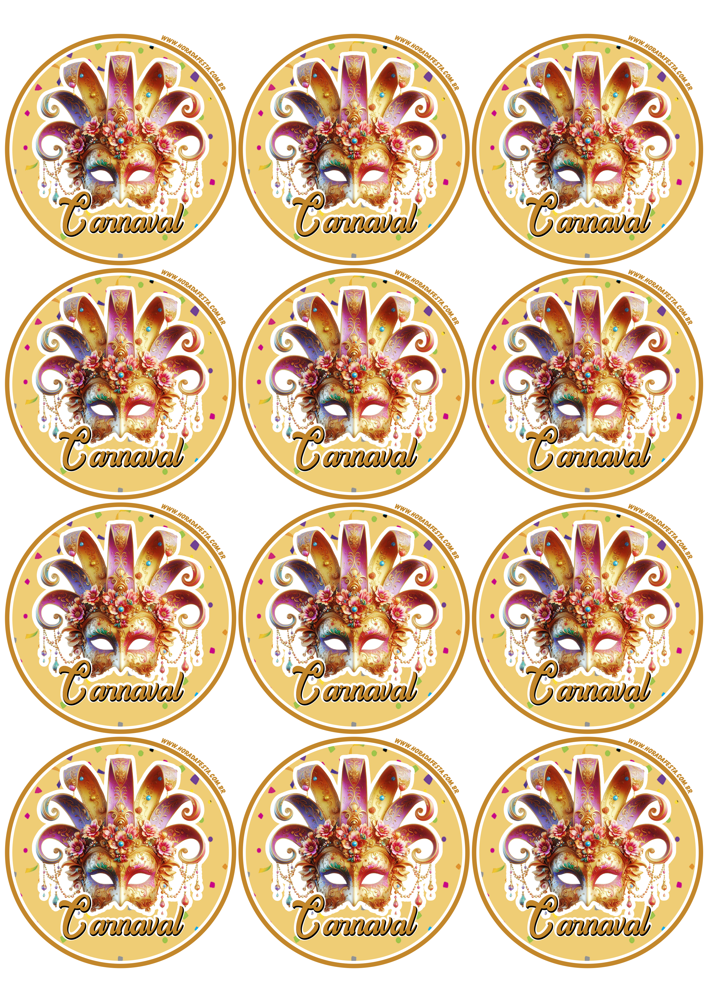 Carnaval 2024 adesivo dourado redondo tag sticker 12 imagens png