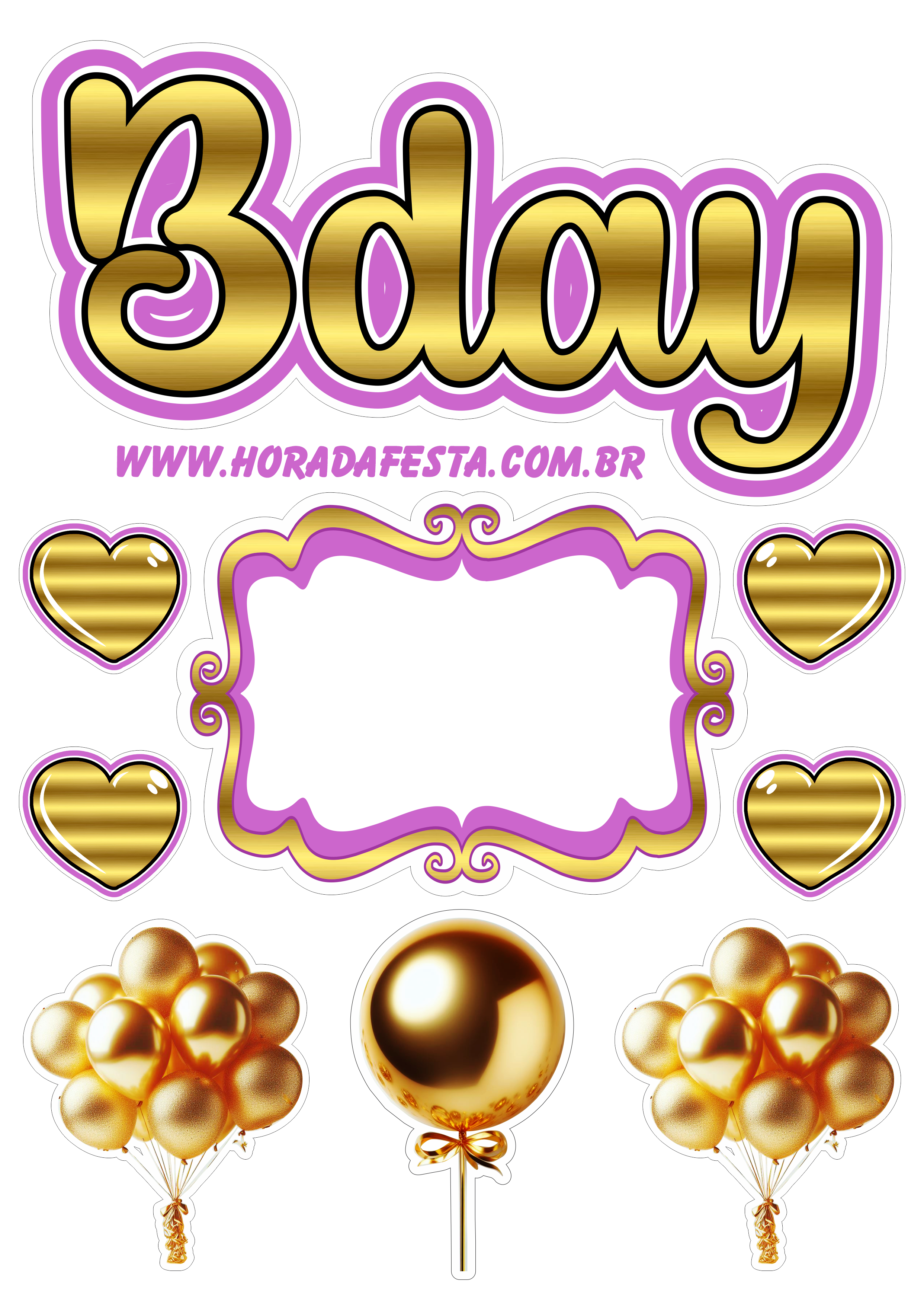 Aniversário dourado Bday topo de bolo para imprimir corações lilás violet festa pronta artesanato criativo balões gold png