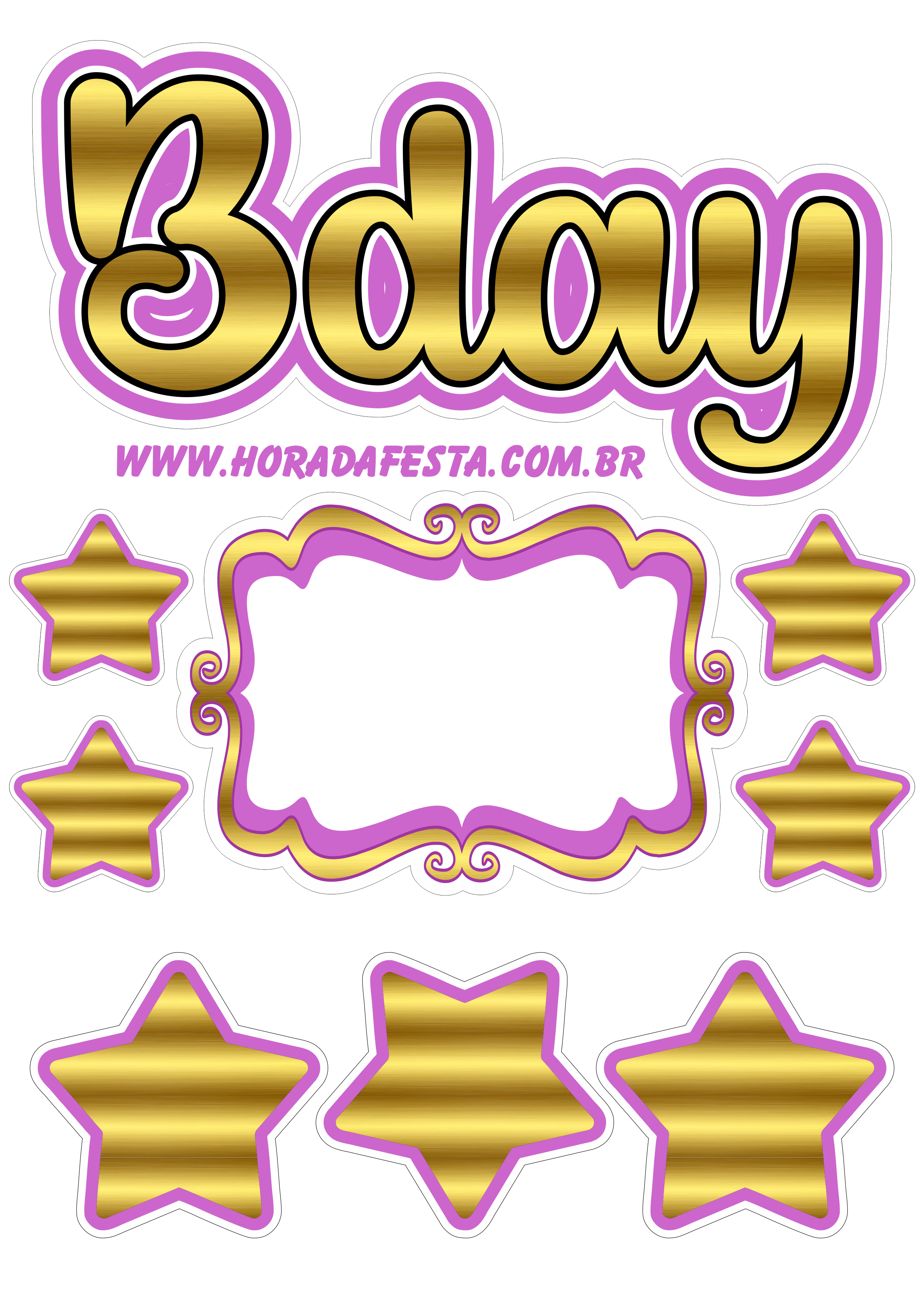 Aniversário dourado Bday topo de bolo para imprimir estrelinhas lilás violet festa pronta png