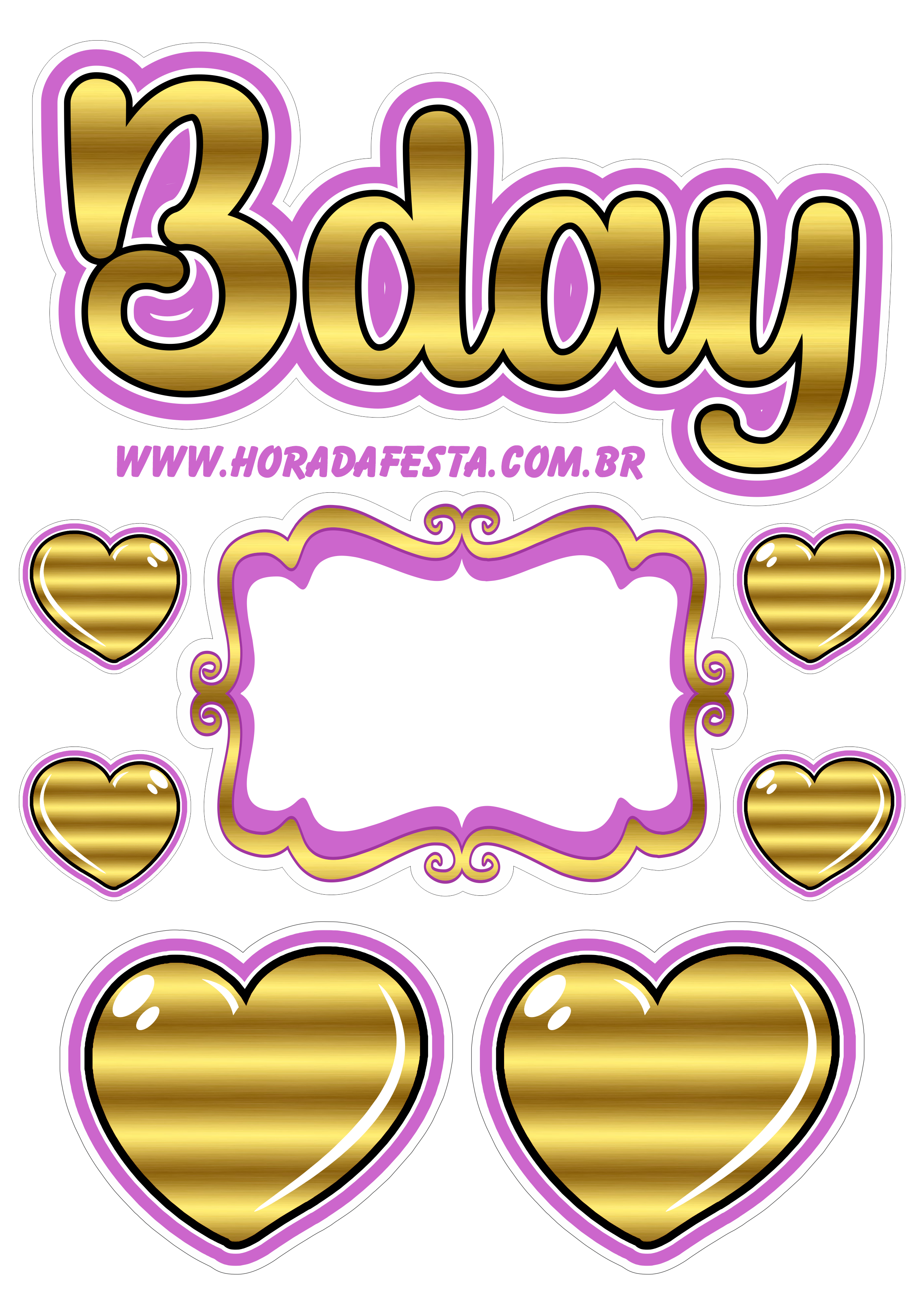 Aniversário dourado Bday topo de bolo para imprimir corações lilás violet festa pronta png