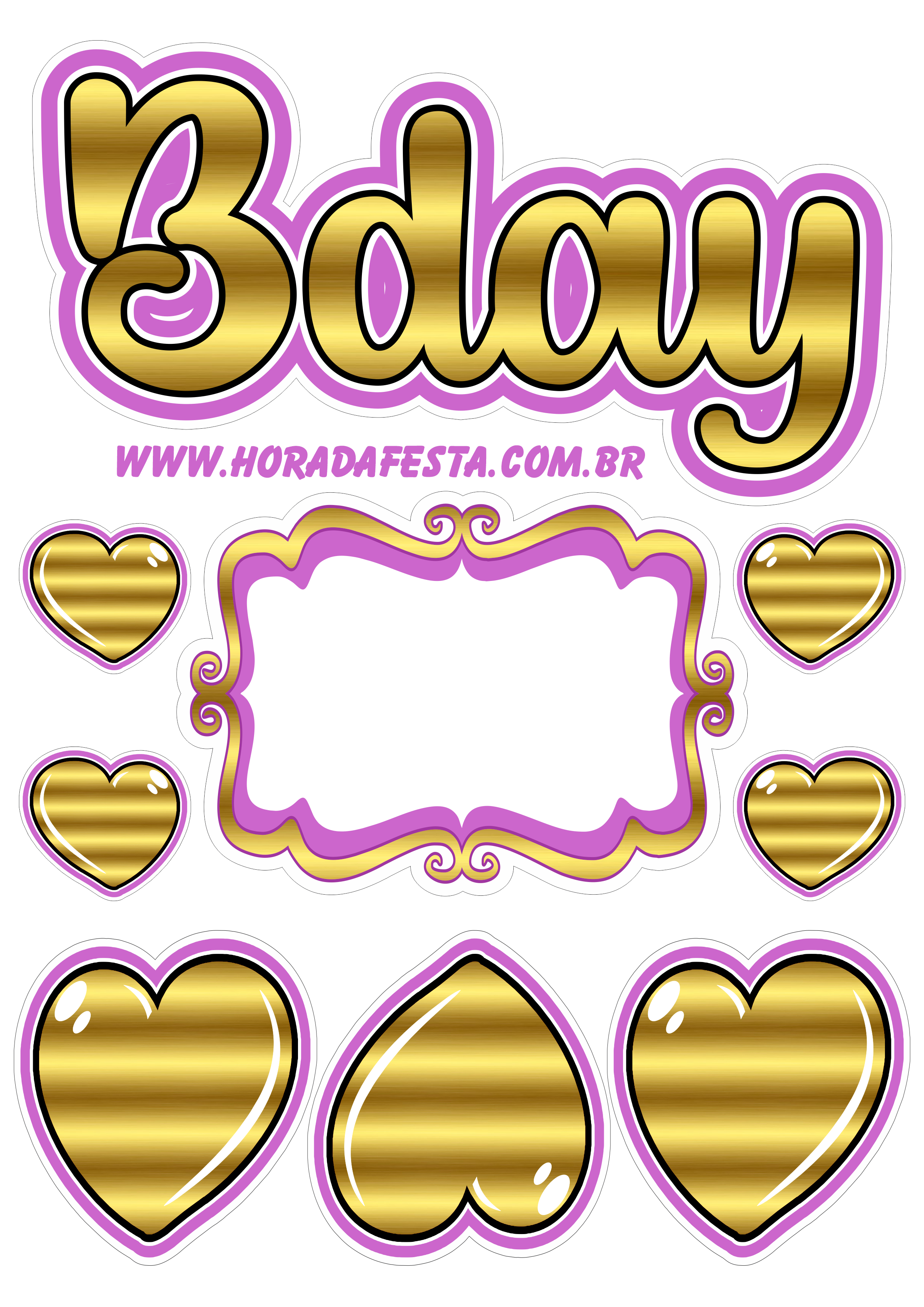 Aniversário dourado Bday topo de bolo para imprimir corações lilás violet festa pronta artesanato png