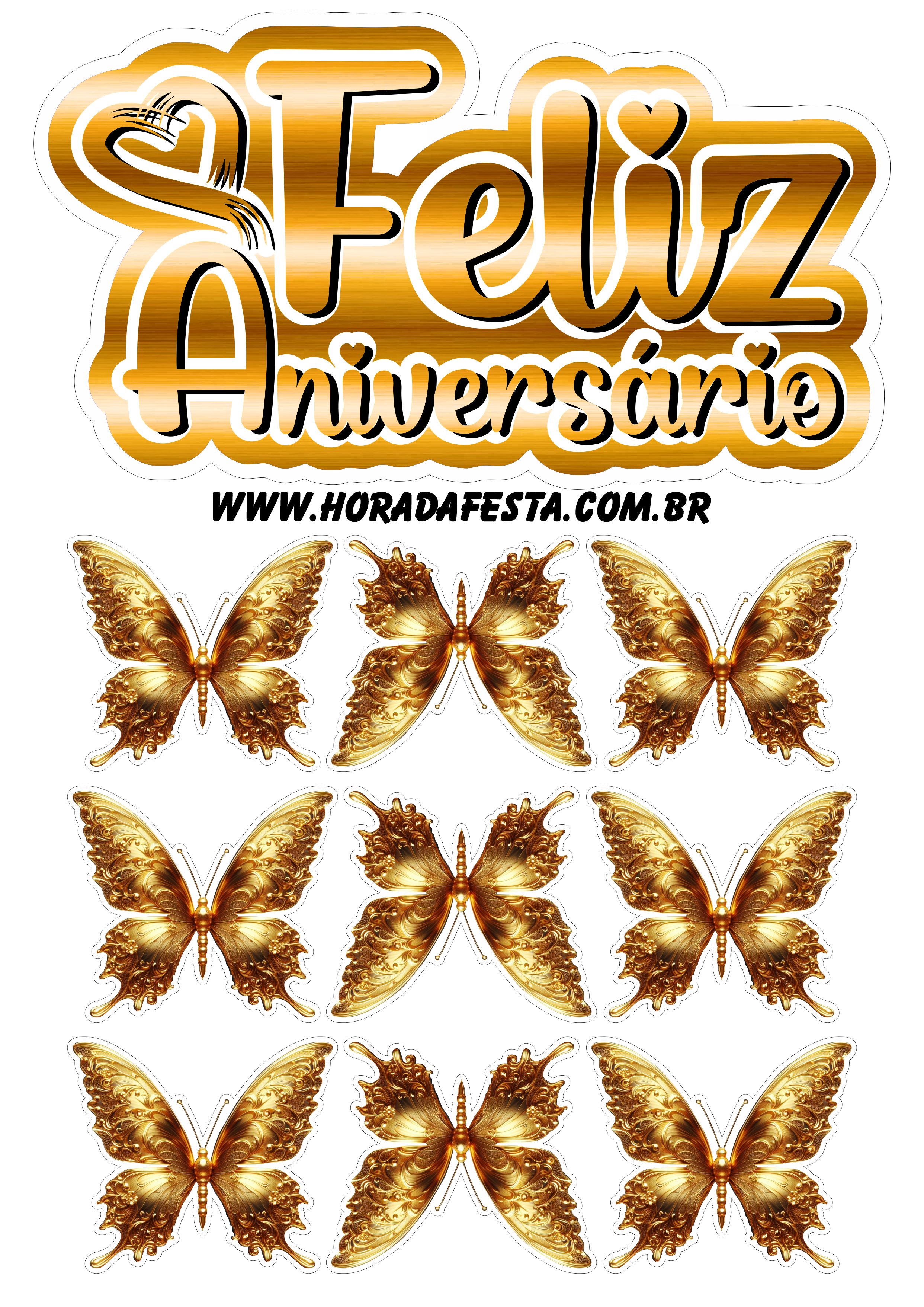 Feliz aniversário topo de bolo com borboletas douradas pronto para imprimir png