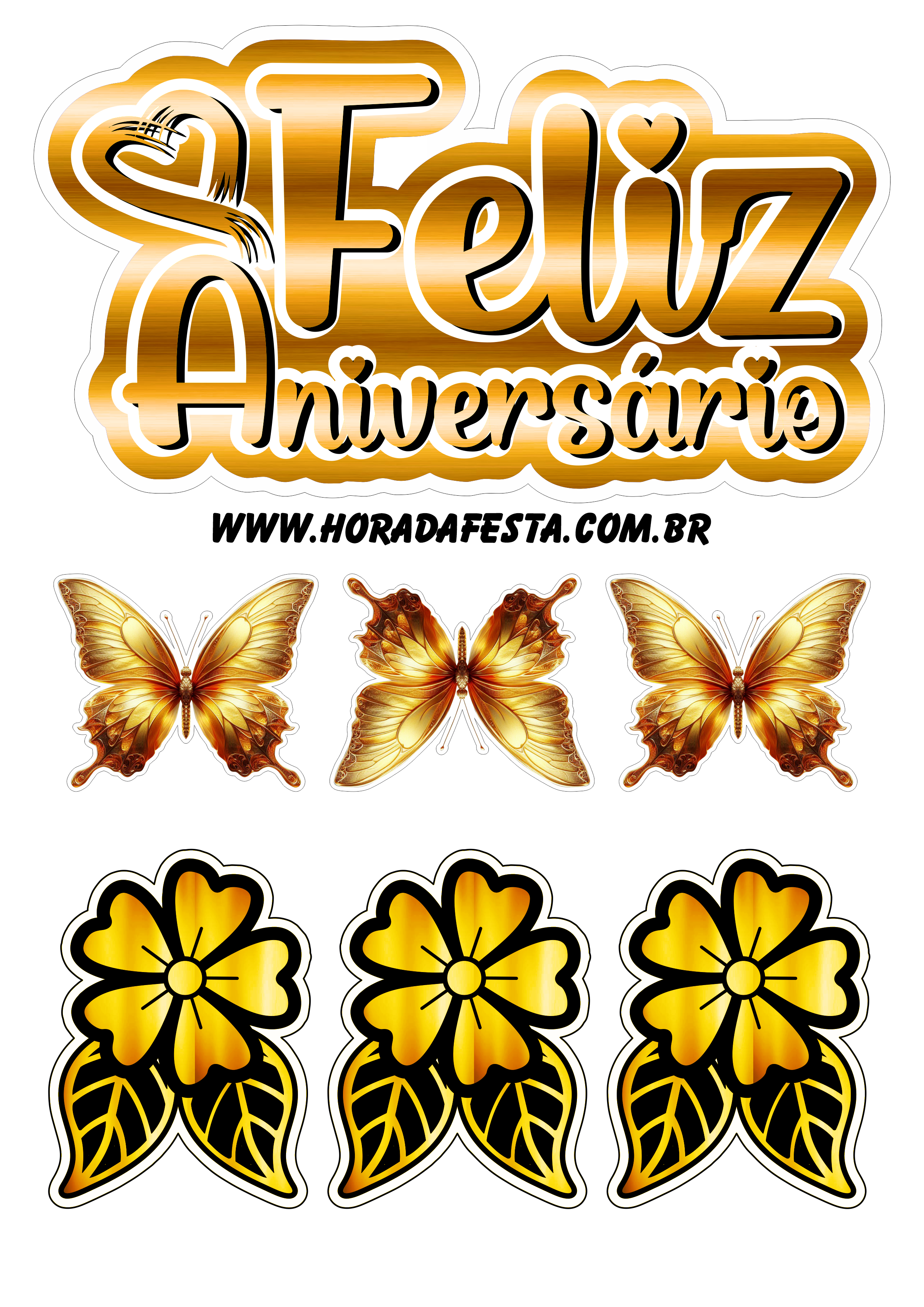 Feliz aniversário topo de bolo com borboletas douradas e flores png