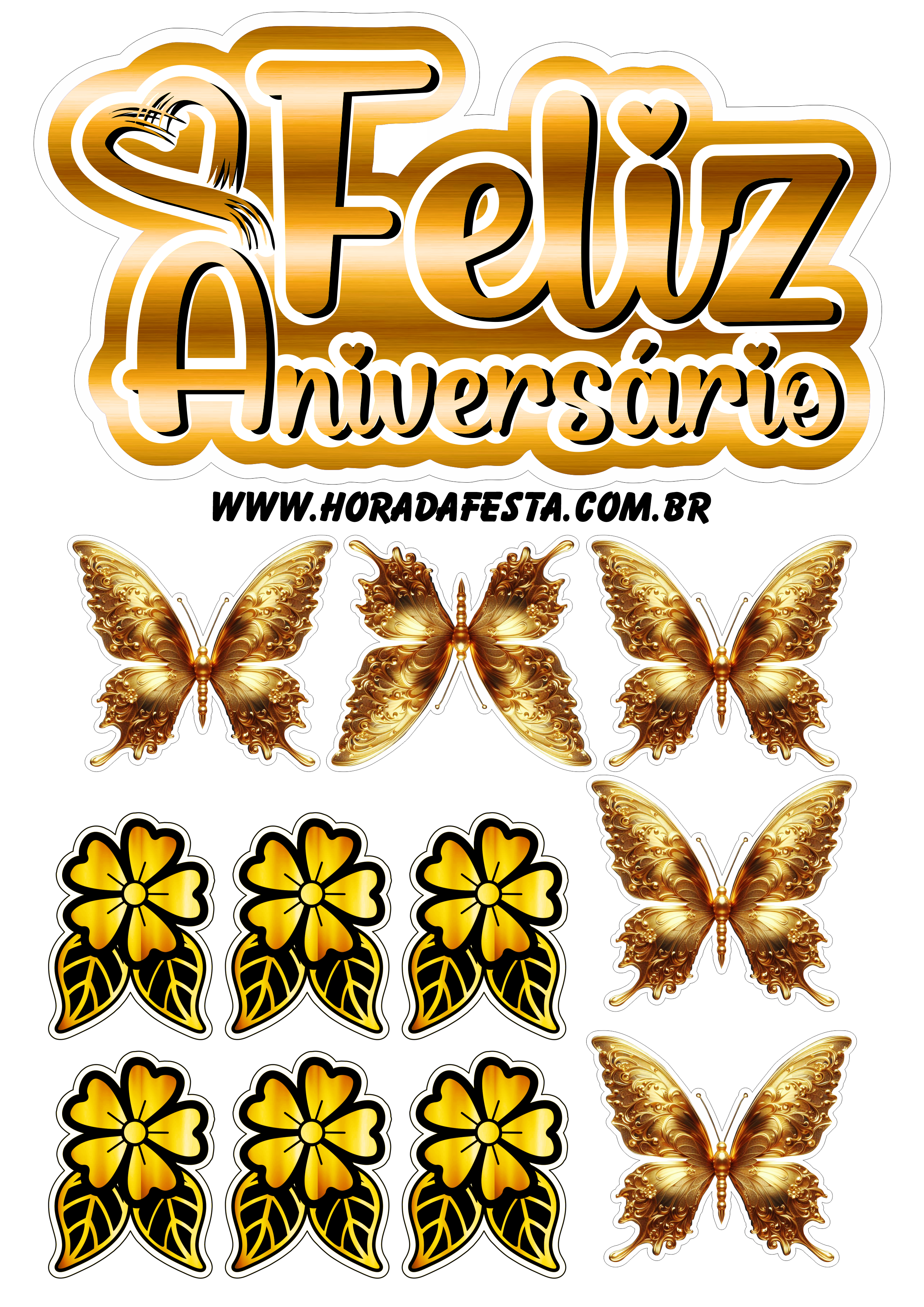 Feliz aniversário topo de bolo com borboletas douradas e flores pronto para imprimir png
