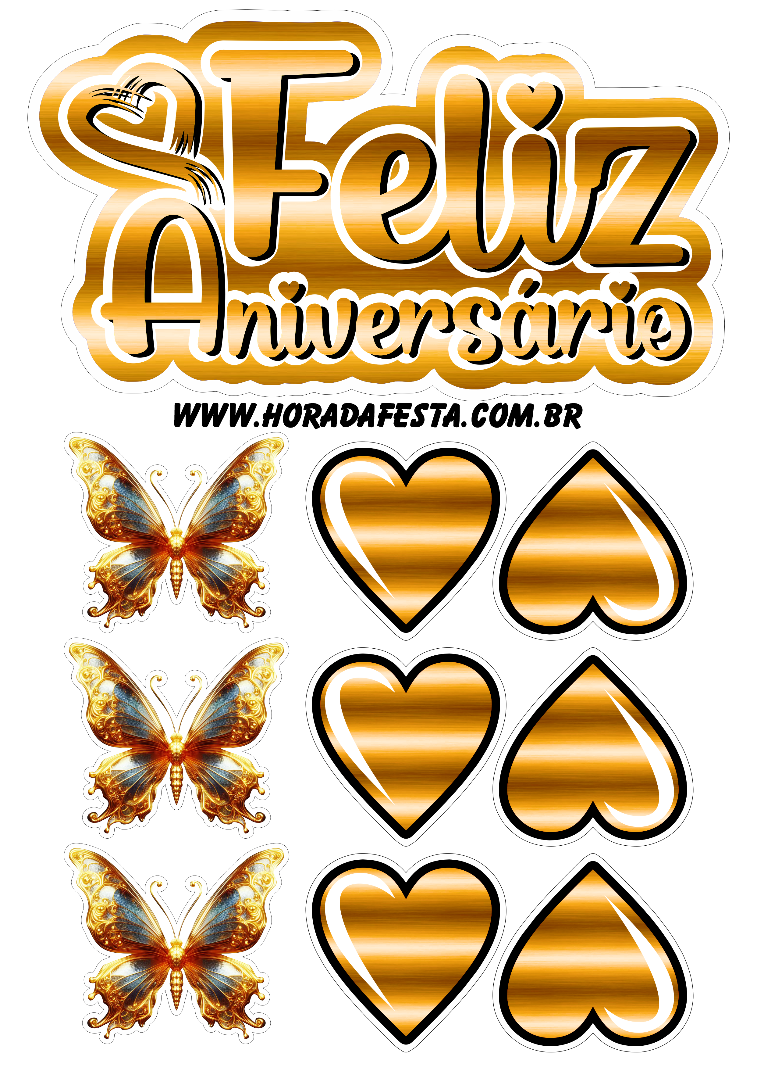 Feliz aniversário topo de bolo com borboletas douradas e corações png